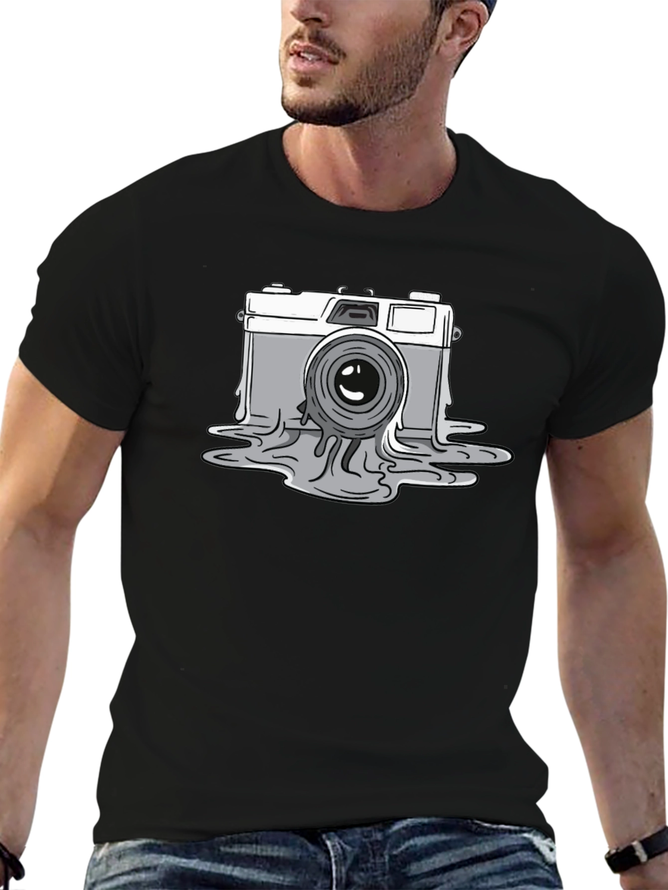 Melting Camera Graphic Tee - Black Cotton T-Shirt