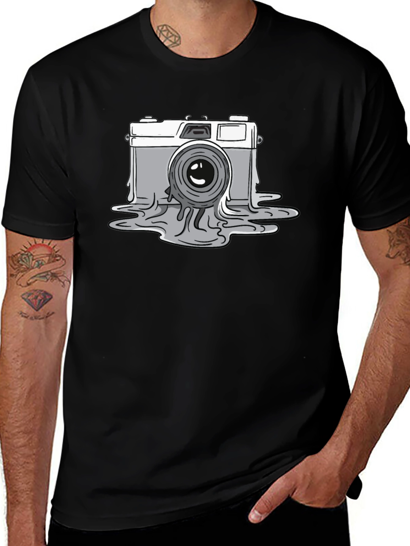 Melting Camera Graphic Tee - Black Cotton T-Shirt