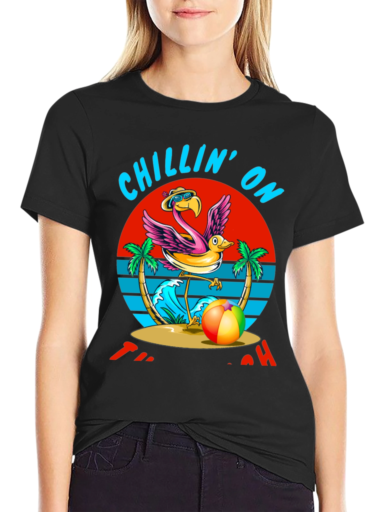 Chillin On The Beach T-Shirt Flamingo Design