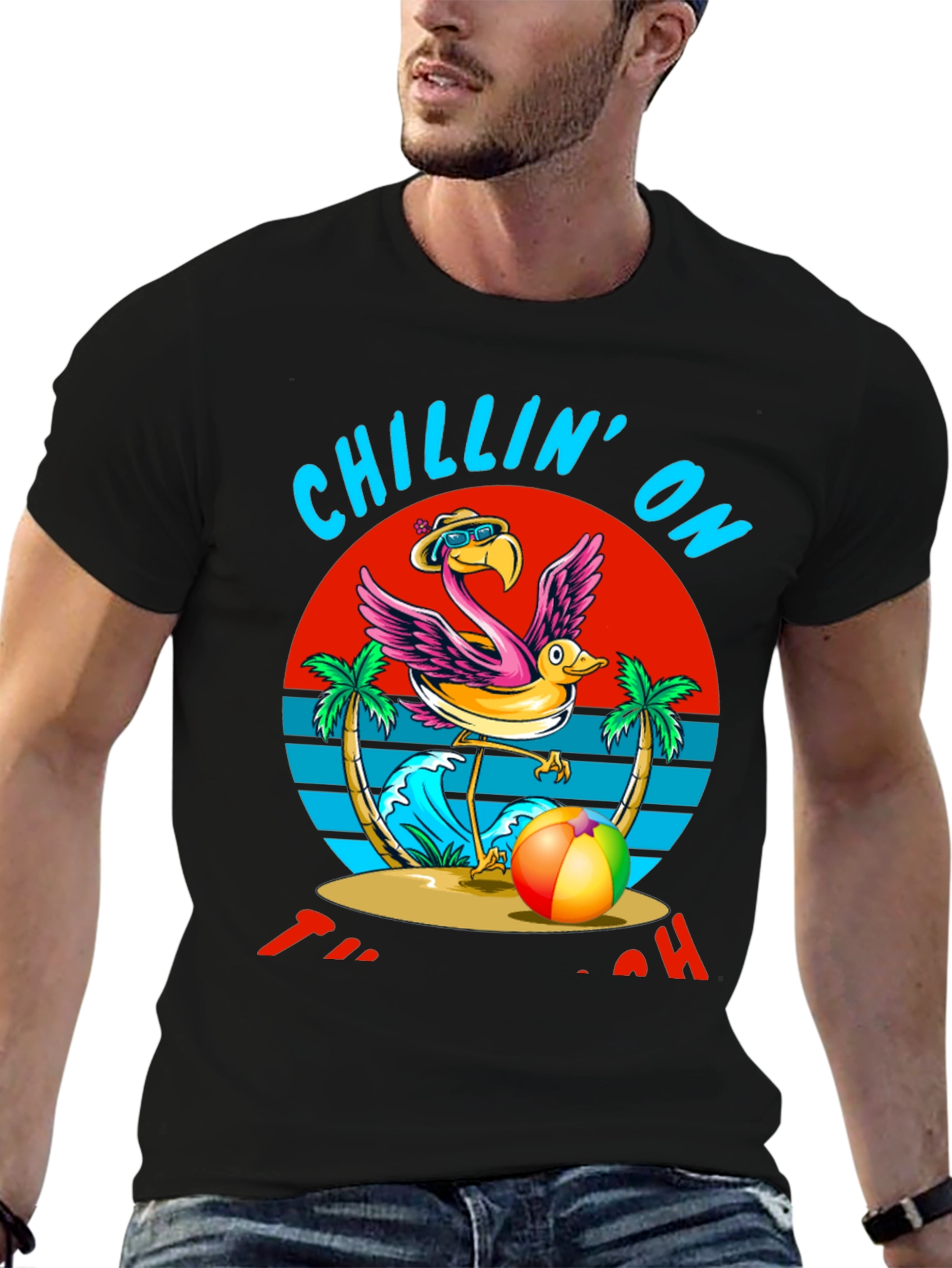 Chillin On The Beach T-Shirt Flamingo Design