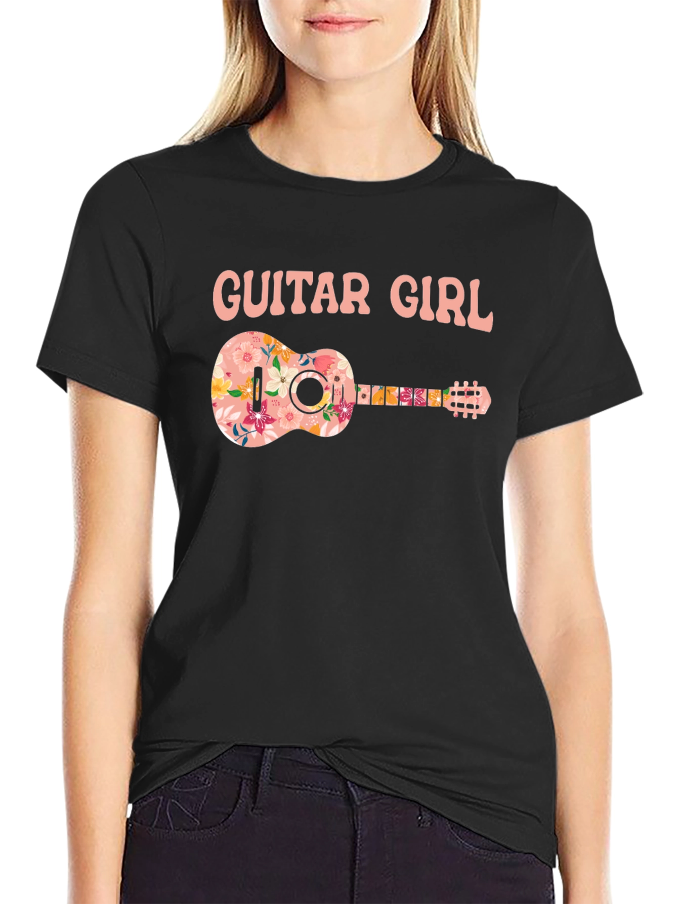Guitar Girl Floral Graphic T-Shirt