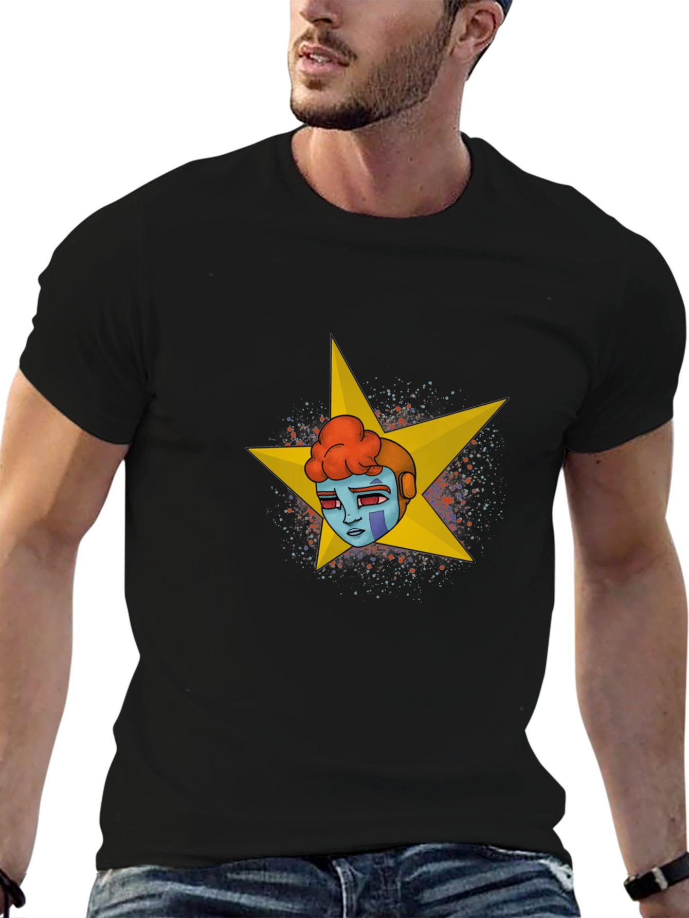 Black Graphic Tee - Retro Robot Star