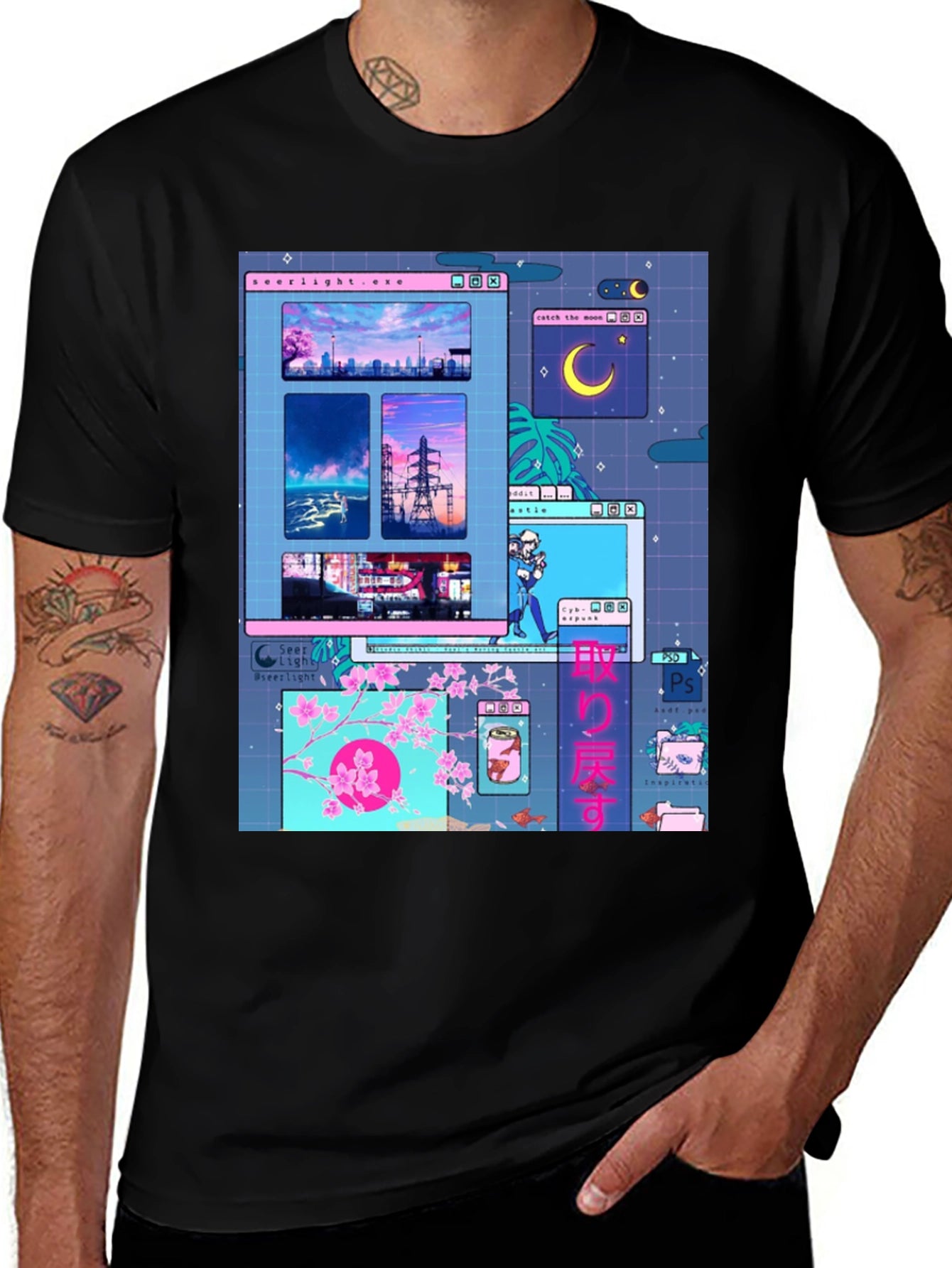 Aesthetic Vaporwave Anime Black T-Shirt