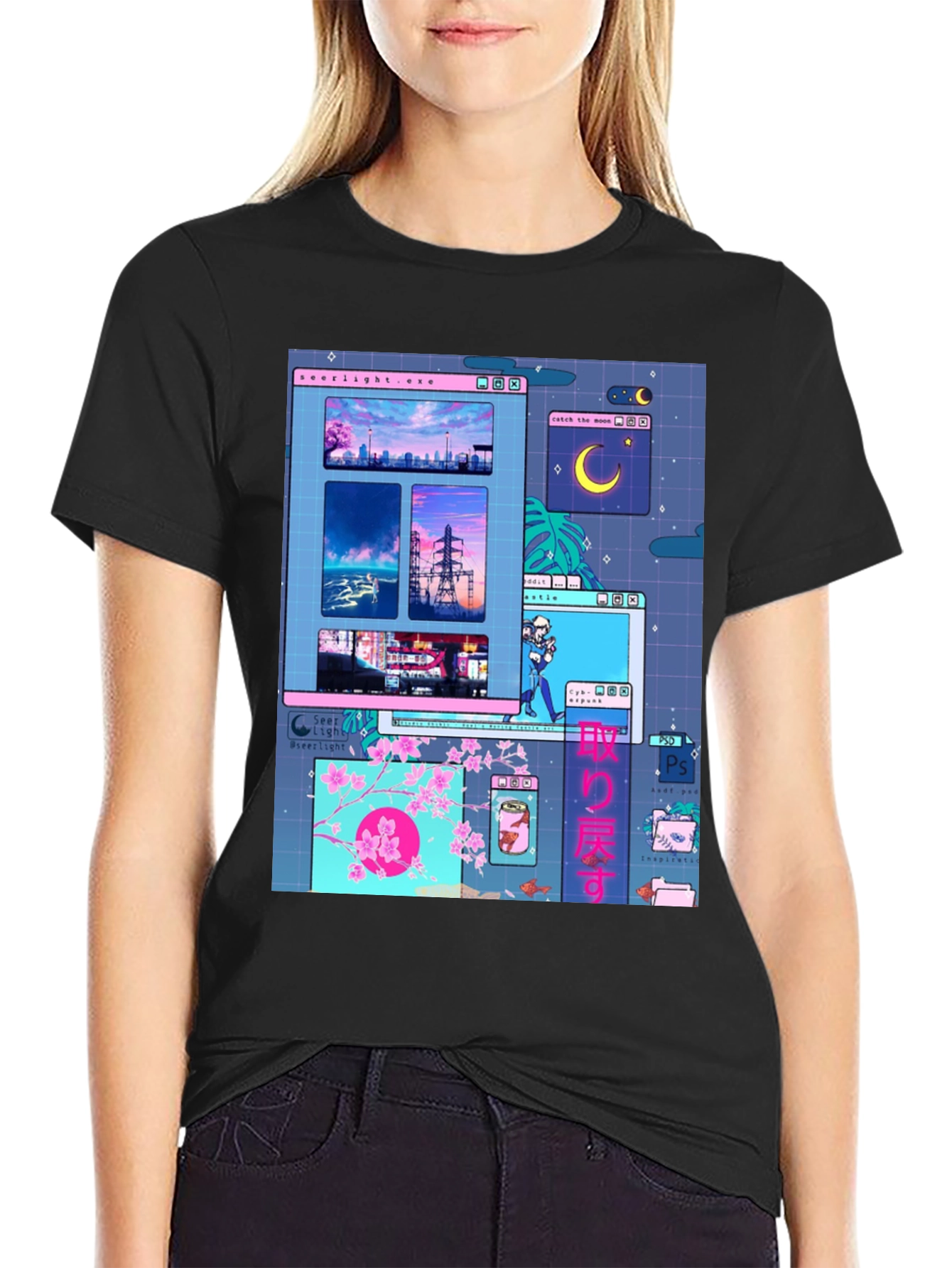Aesthetic Vaporwave Anime Black T-Shirt