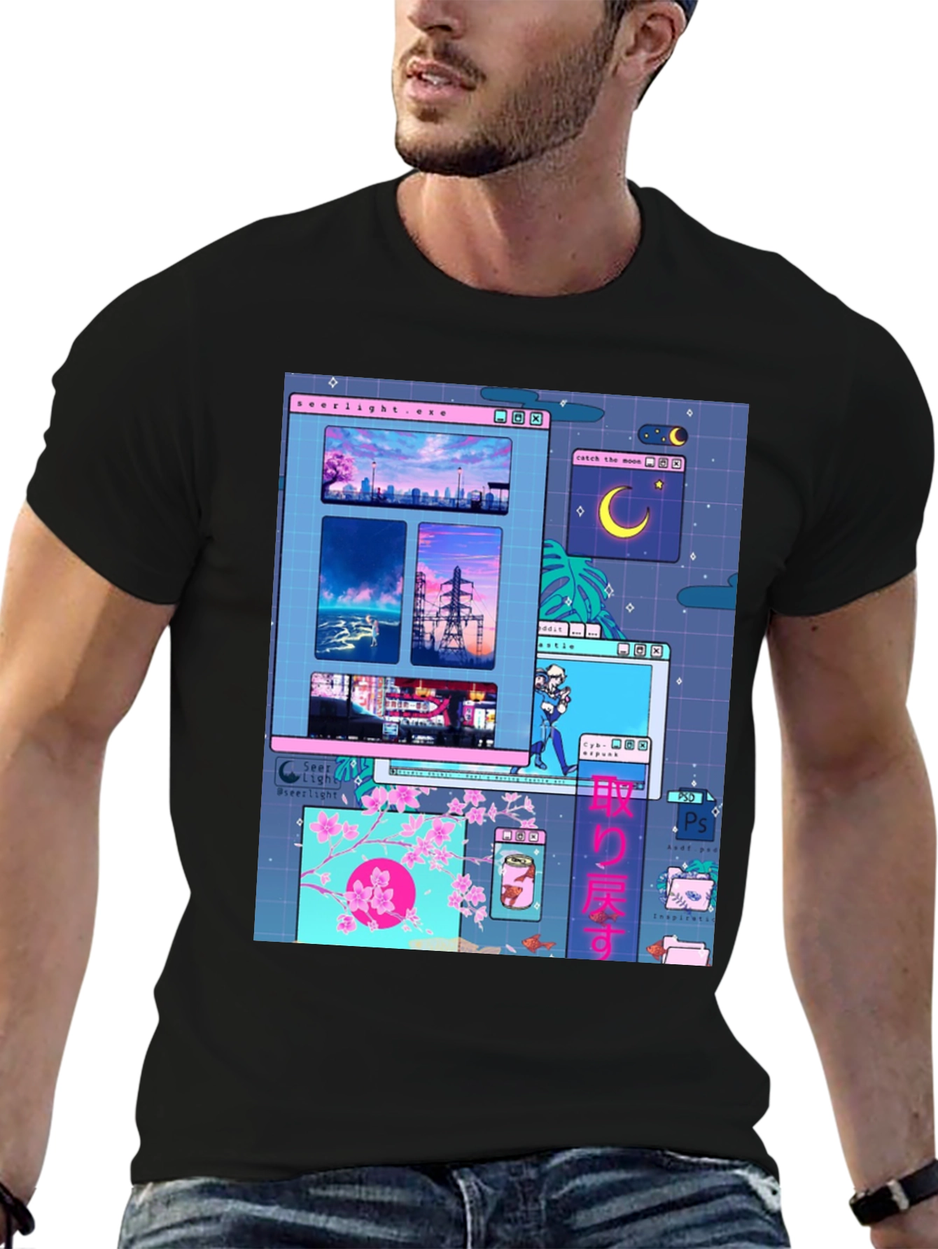 Aesthetic Vaporwave Anime Black T-Shirt