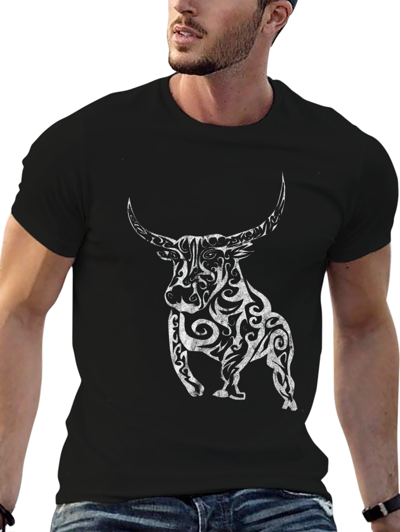 Black T-Shirt with Ornate Bull Graphic