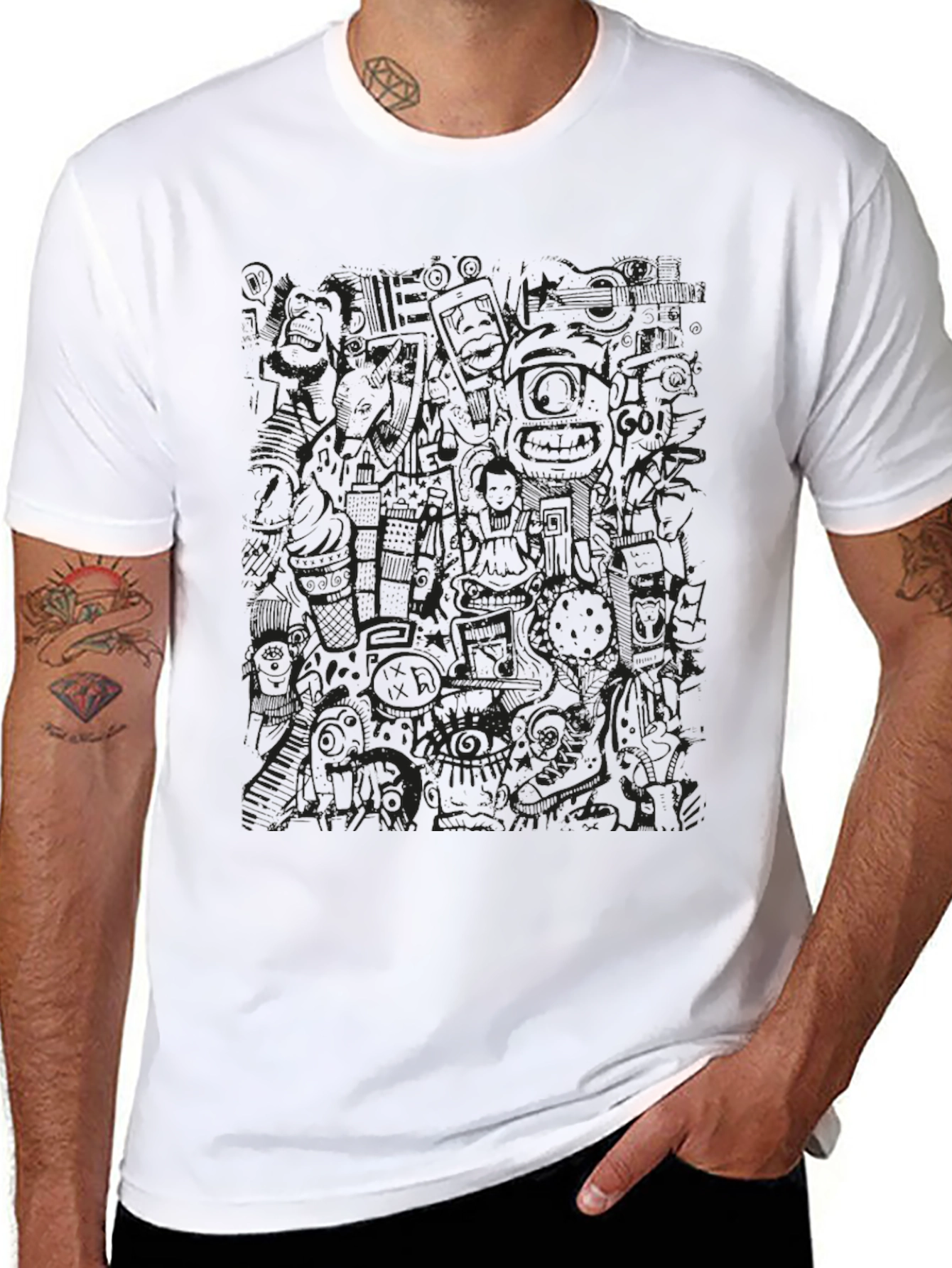 Abstract Doodle Print Black T-Shirt
