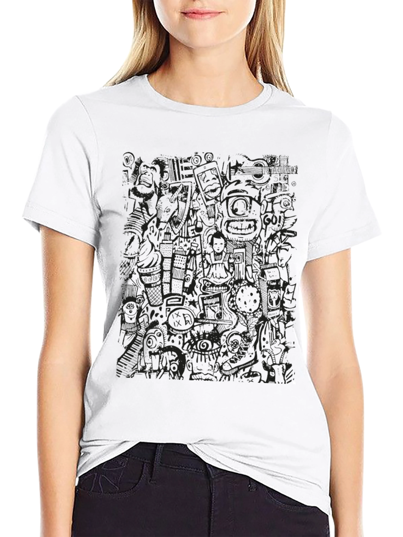 Abstract Doodle Print Black T-Shirt