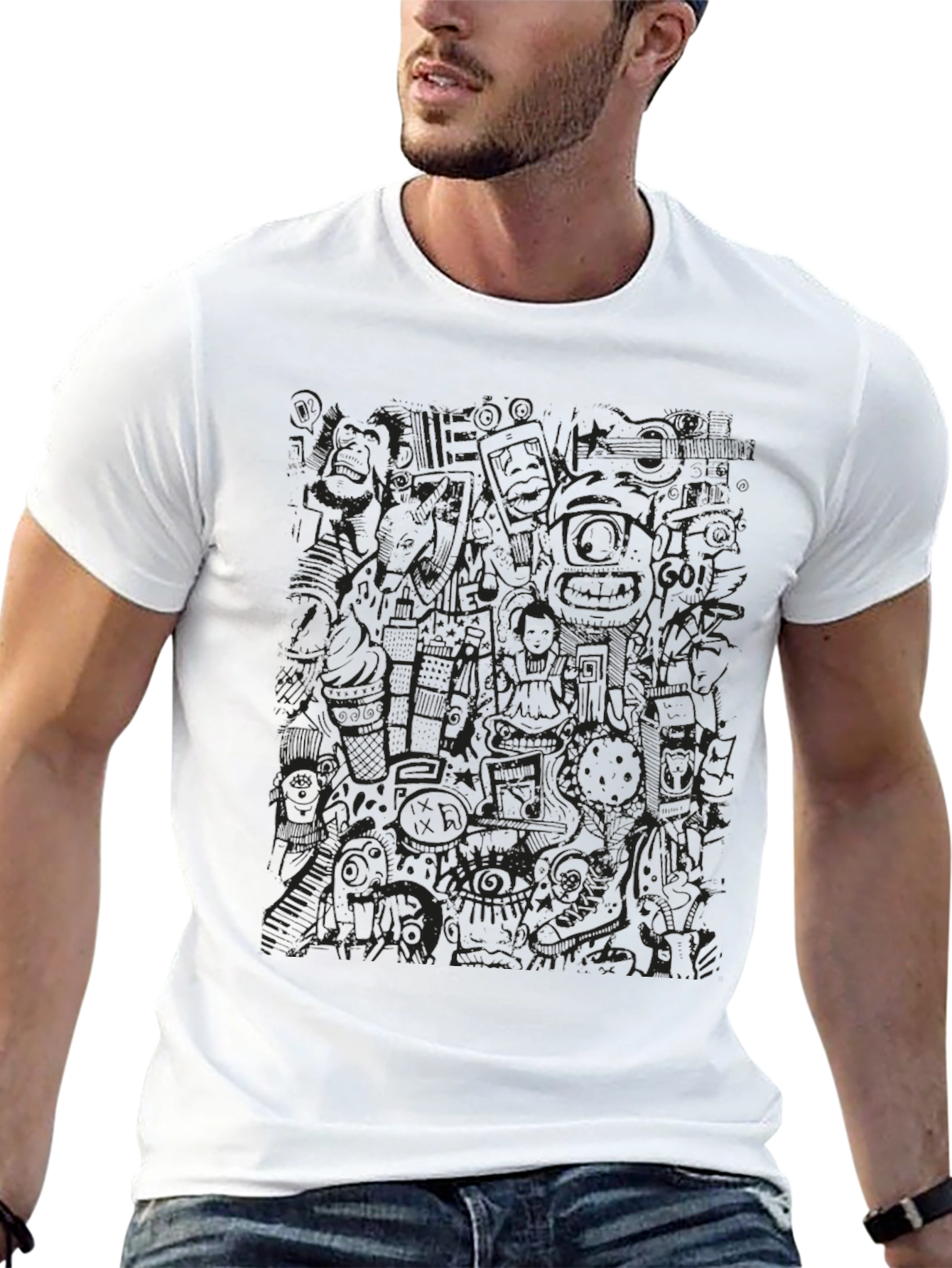 Abstract Doodle Print Black T-Shirt