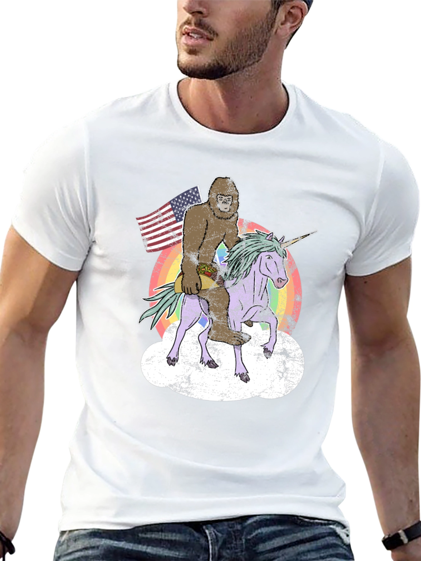 Bigfoot Riding Unicorn Mens Graphic Tee