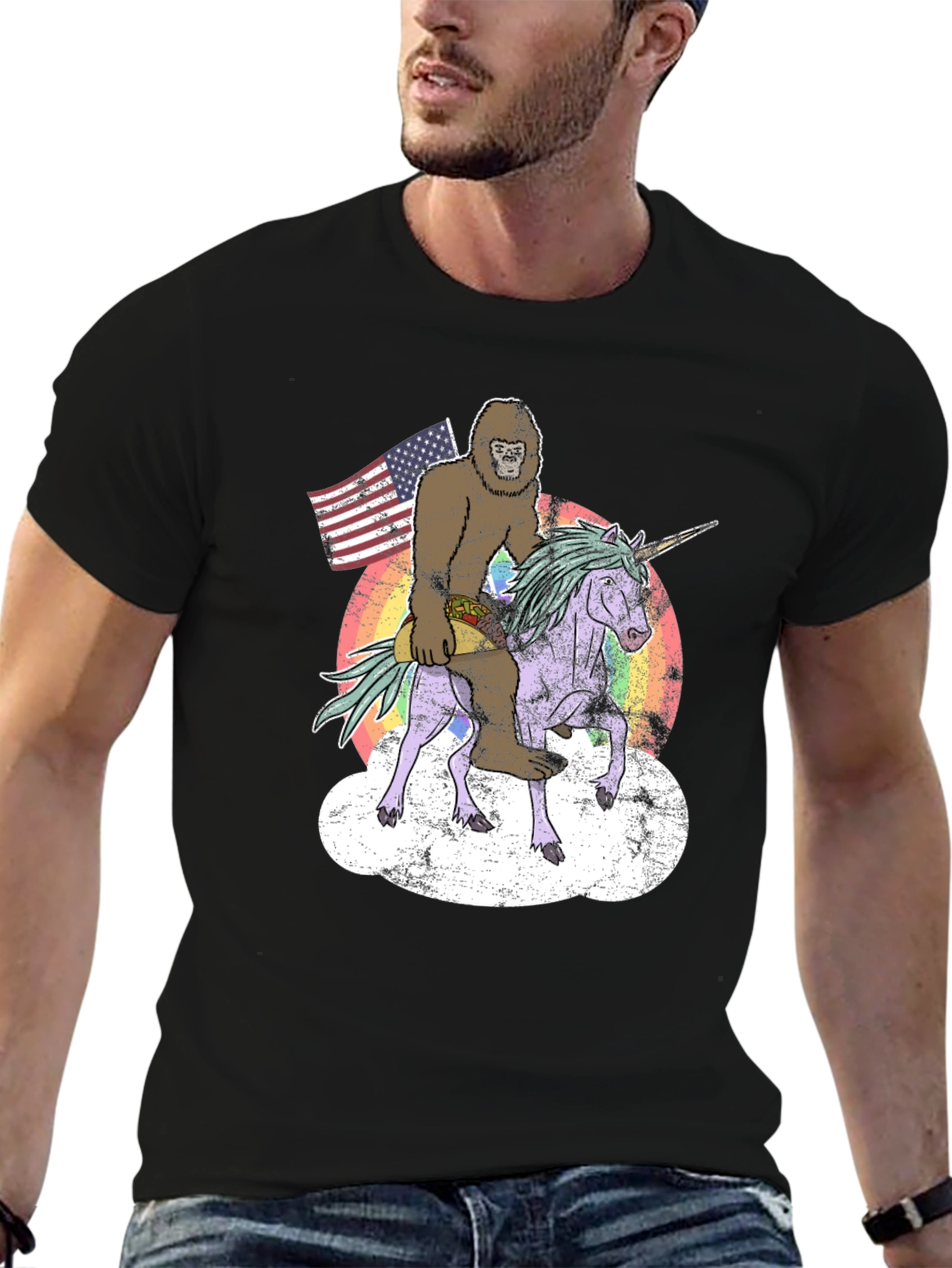 Bigfoot Riding Unicorn Mens Graphic Tee