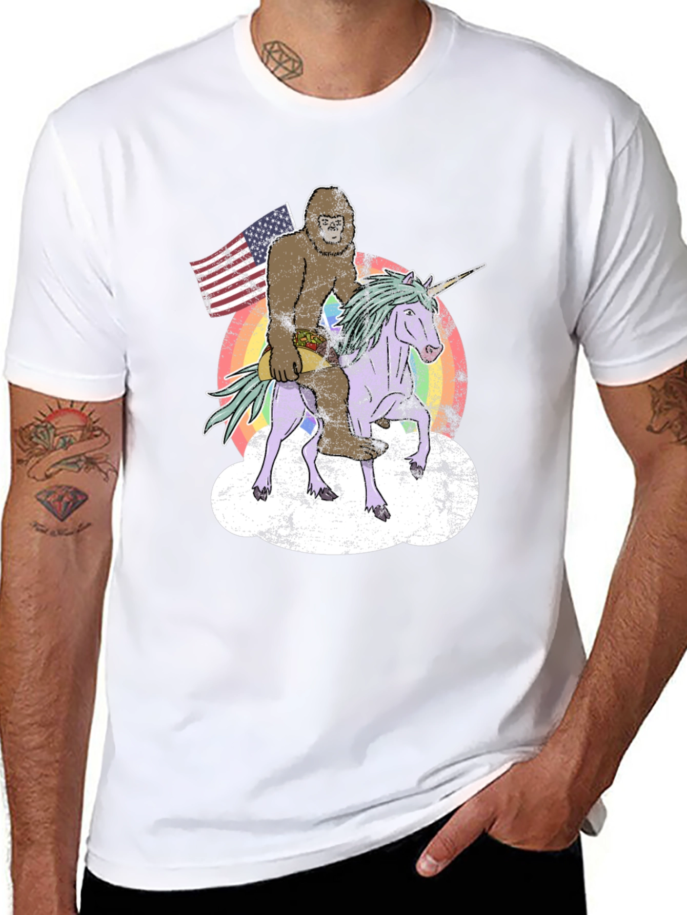 Bigfoot Riding Unicorn Mens Graphic Tee