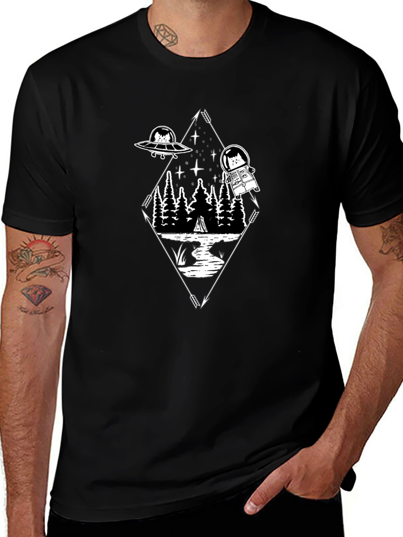 Cat Astronaut Graphic T-Shirt - Black