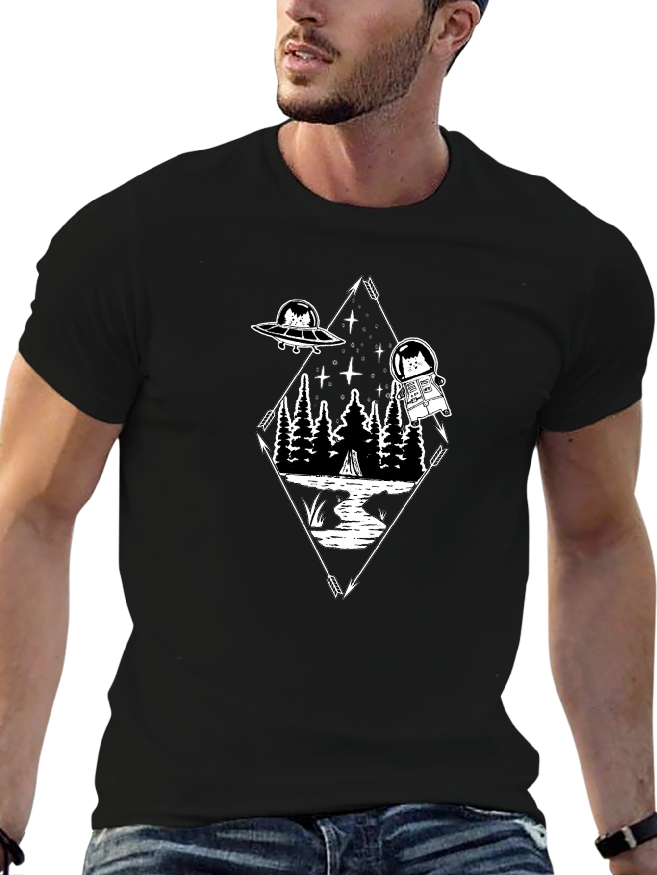 Cat Astronaut Graphic T-Shirt - Black