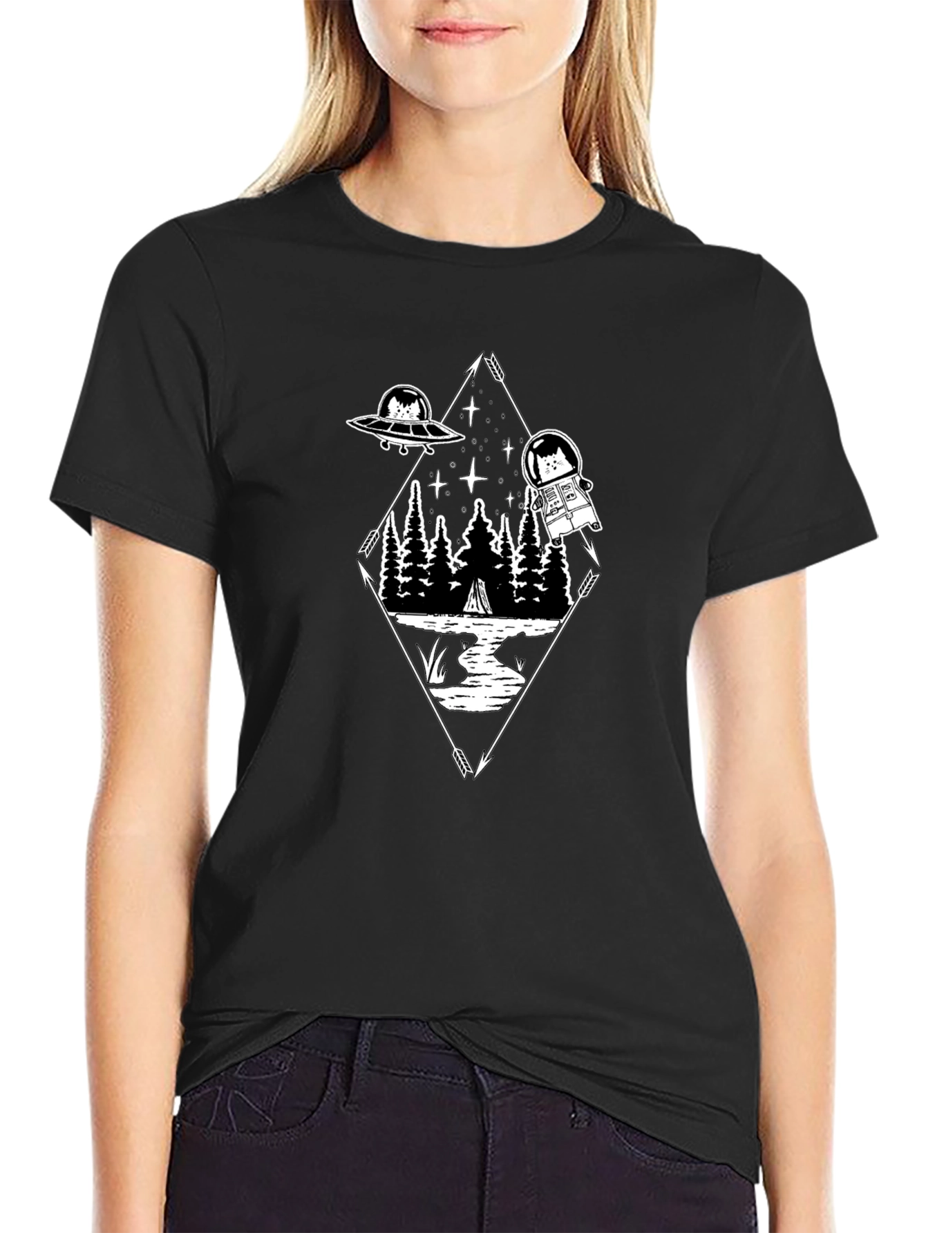 Cat Astronaut Graphic T-Shirt - Black