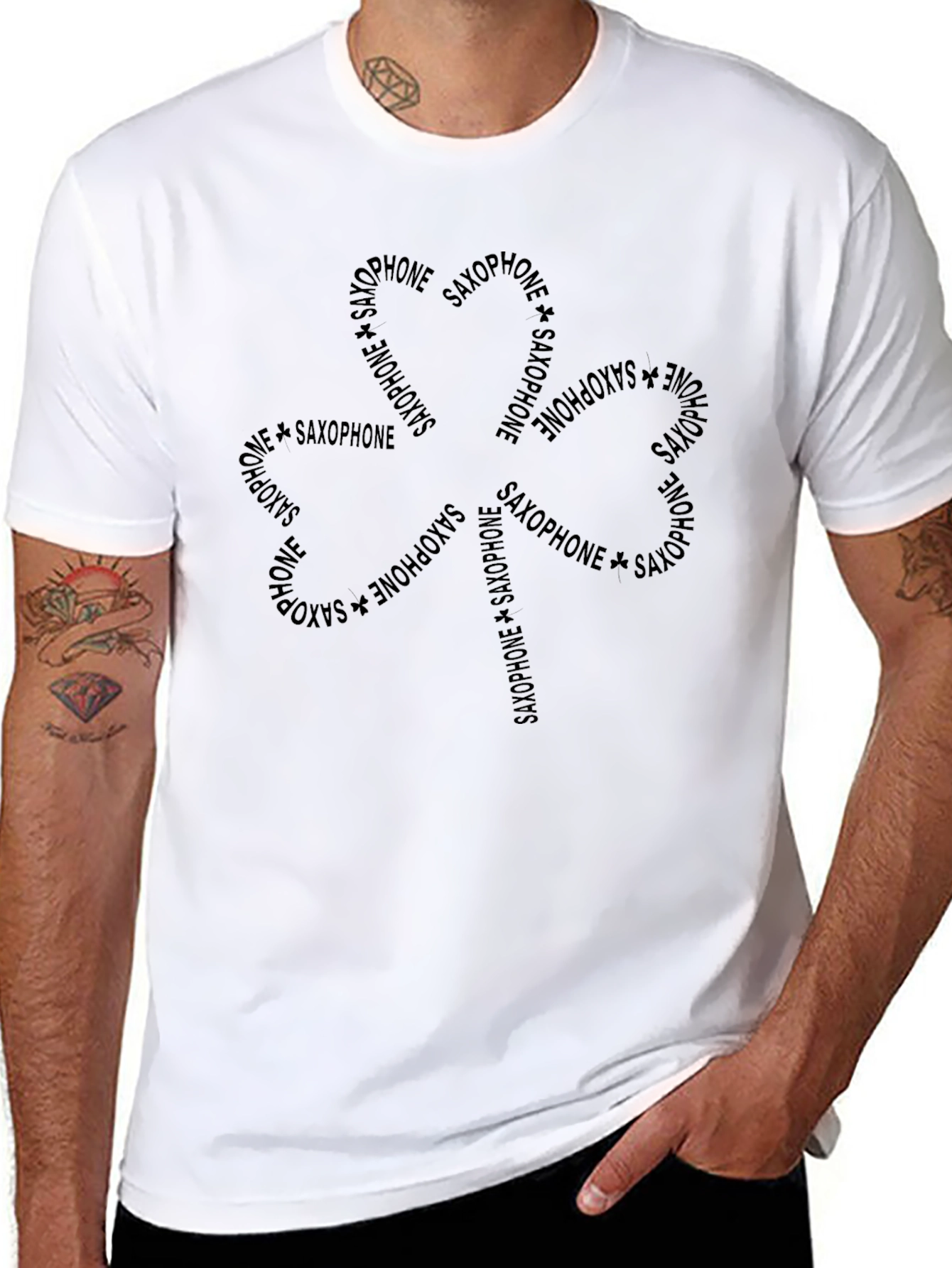 Saxophone Flower Graphic Tee - Black Cotton Casual Top