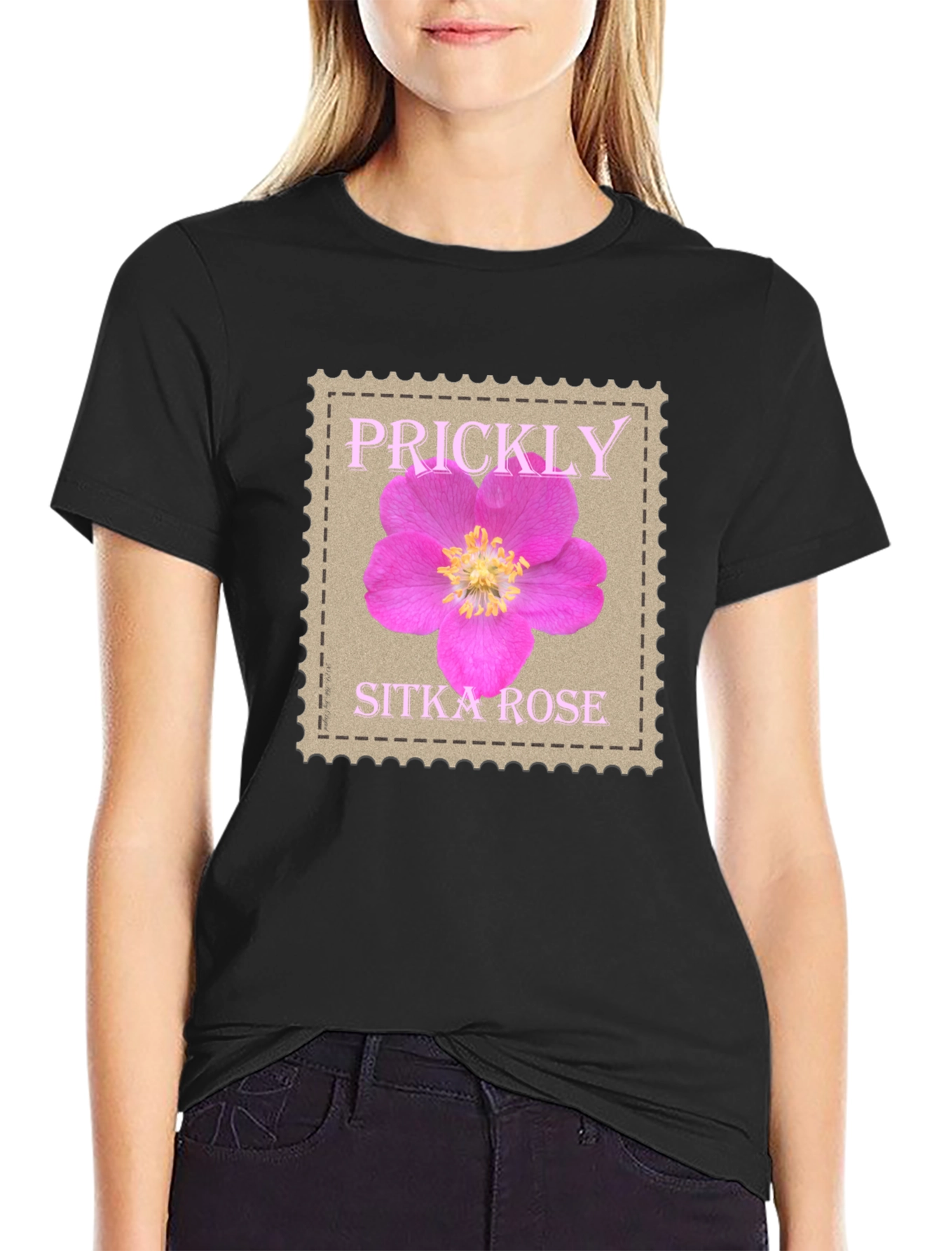 Prickly Sitka Rose Stamp Style T-Shirt