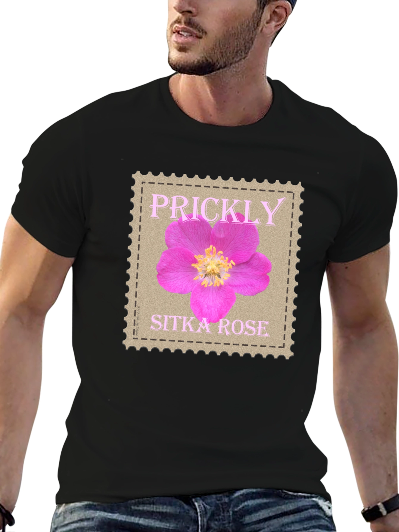 Prickly Sitka Rose Stamp Style T-Shirt