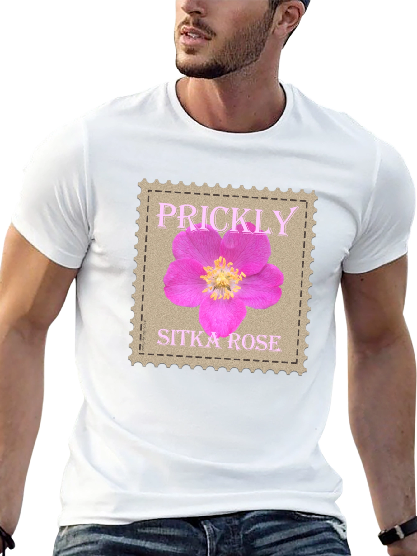 Prickly Sitka Rose Stamp Style T-Shirt