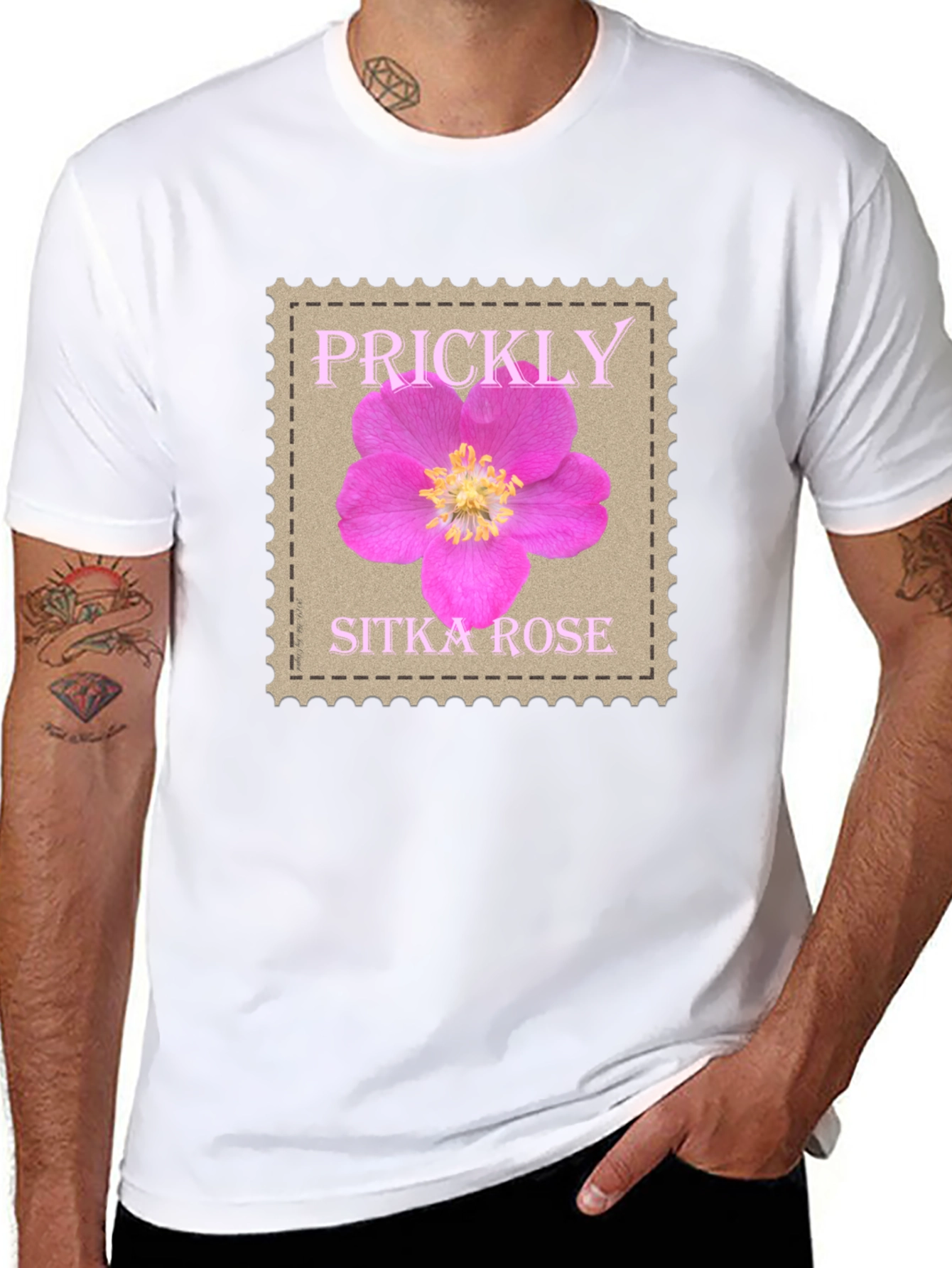 Prickly Sitka Rose Stamp Style T-Shirt
