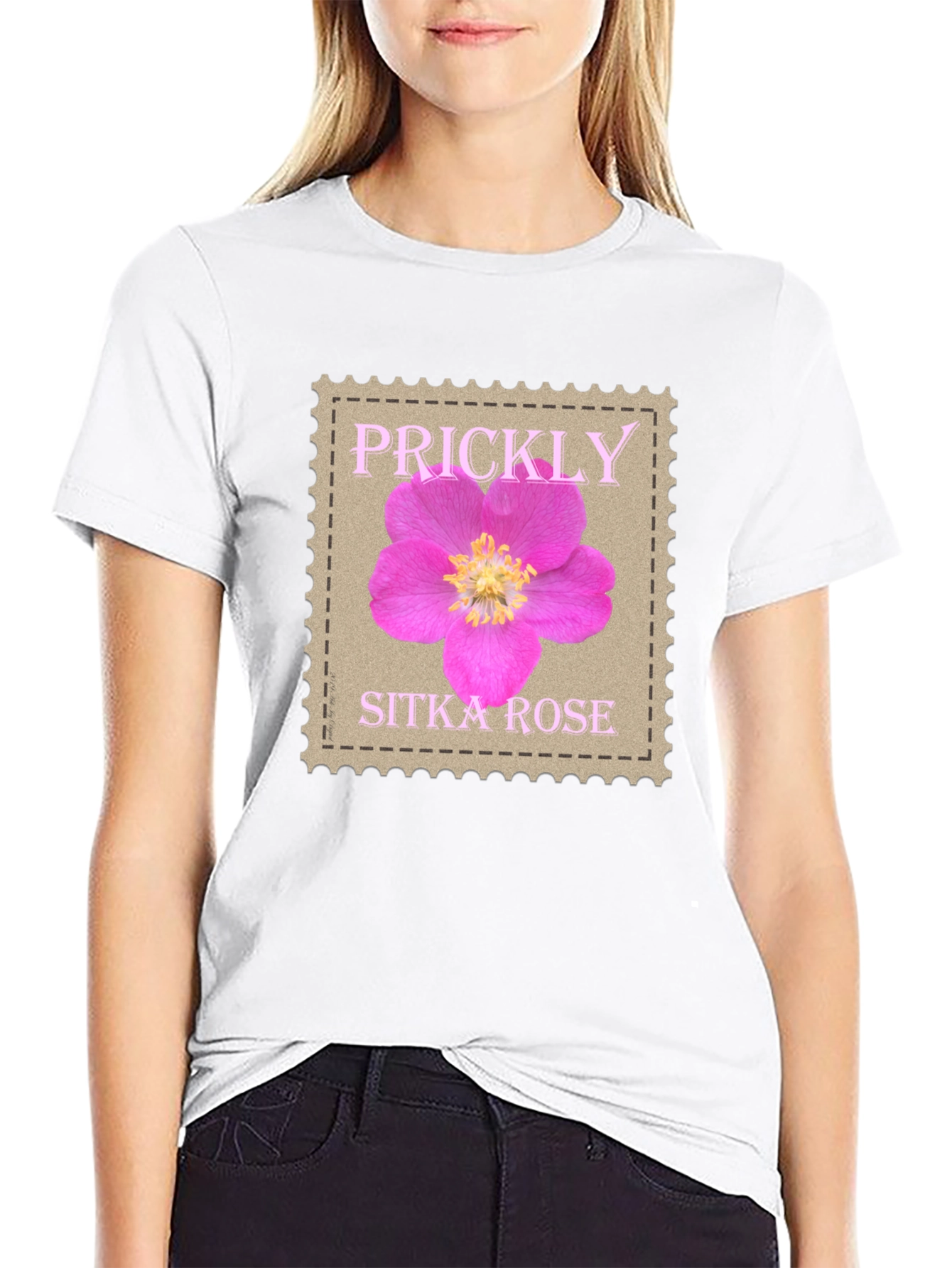Prickly Sitka Rose Stamp Style T-Shirt