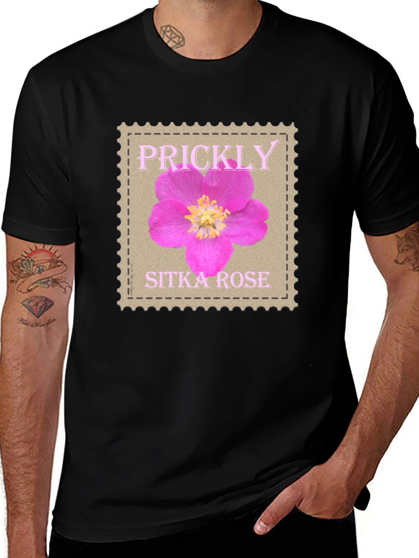 Prickly Sitka Rose Stamp Style T-Shirt