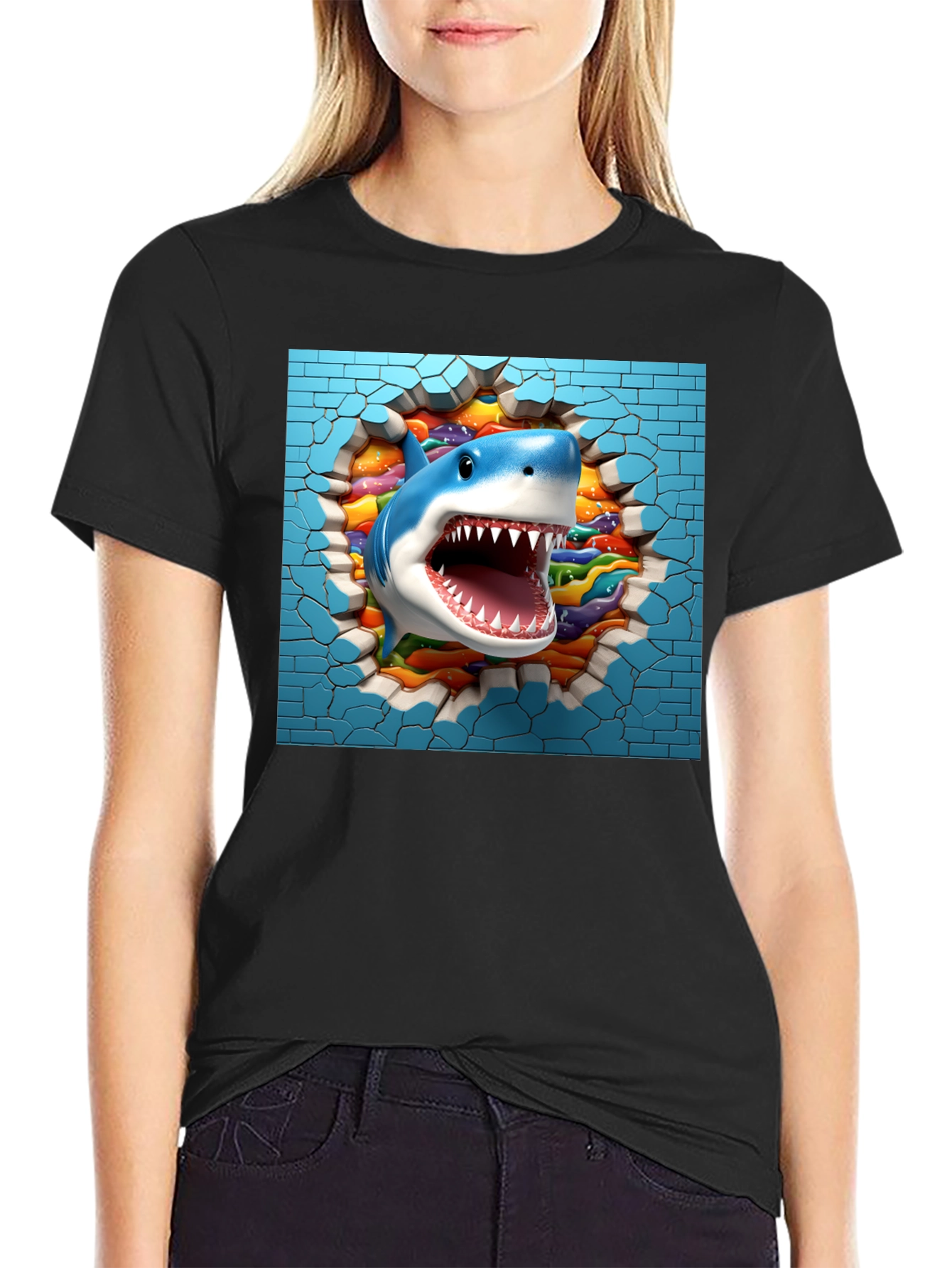 Shark Breaking Through Wall Graphic Tee