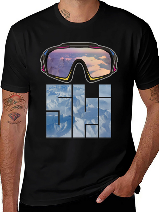 Ski Goggles & Mountain Tee - Black Cotton Graphic T-Shirt