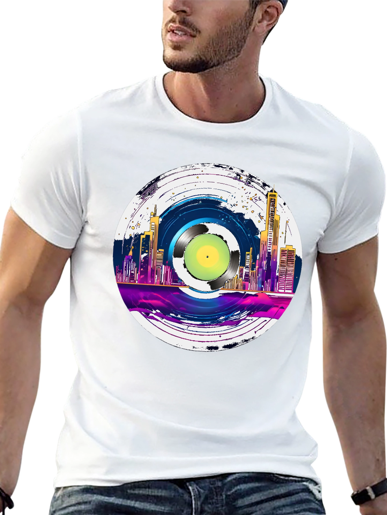 Retro Vinyl Record Cityscape Graphic Tee