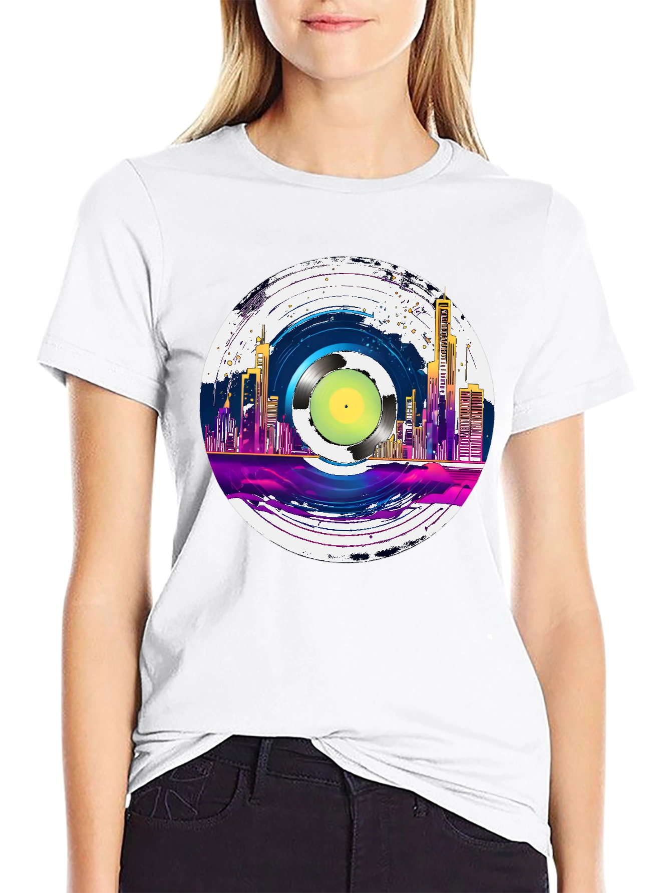 Retro Vinyl Record Cityscape Graphic Tee