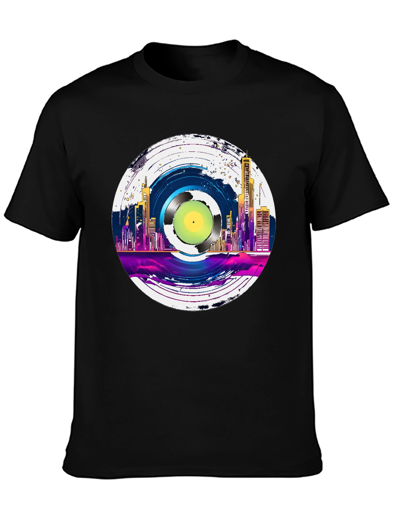 Retro Vinyl Record Cityscape Graphic Tee