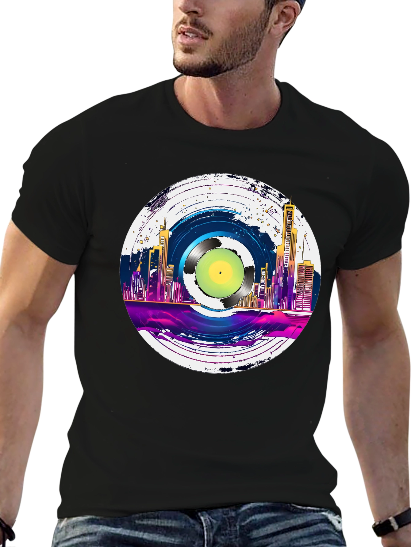 Retro Vinyl Record Cityscape Graphic Tee