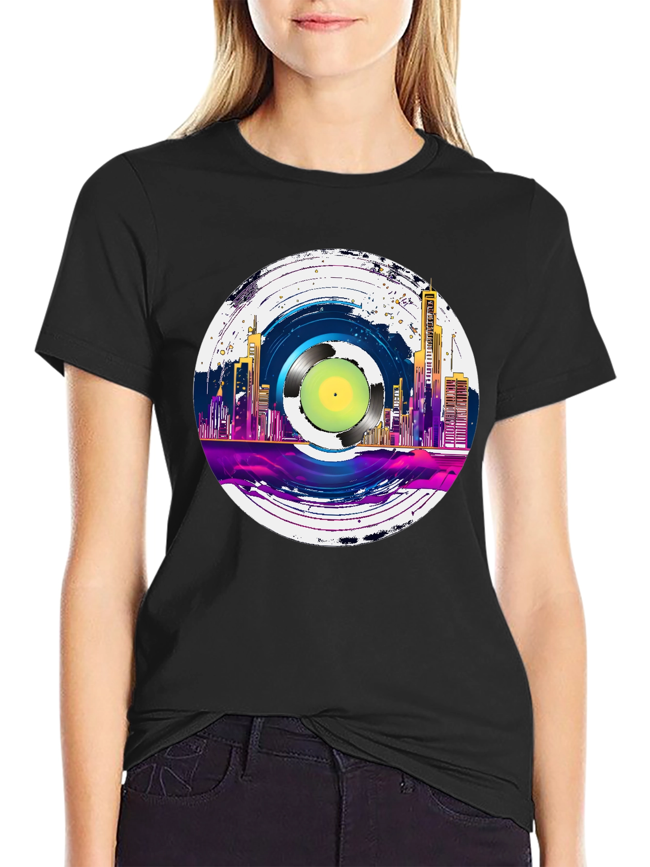 Retro Vinyl Record Cityscape Graphic Tee