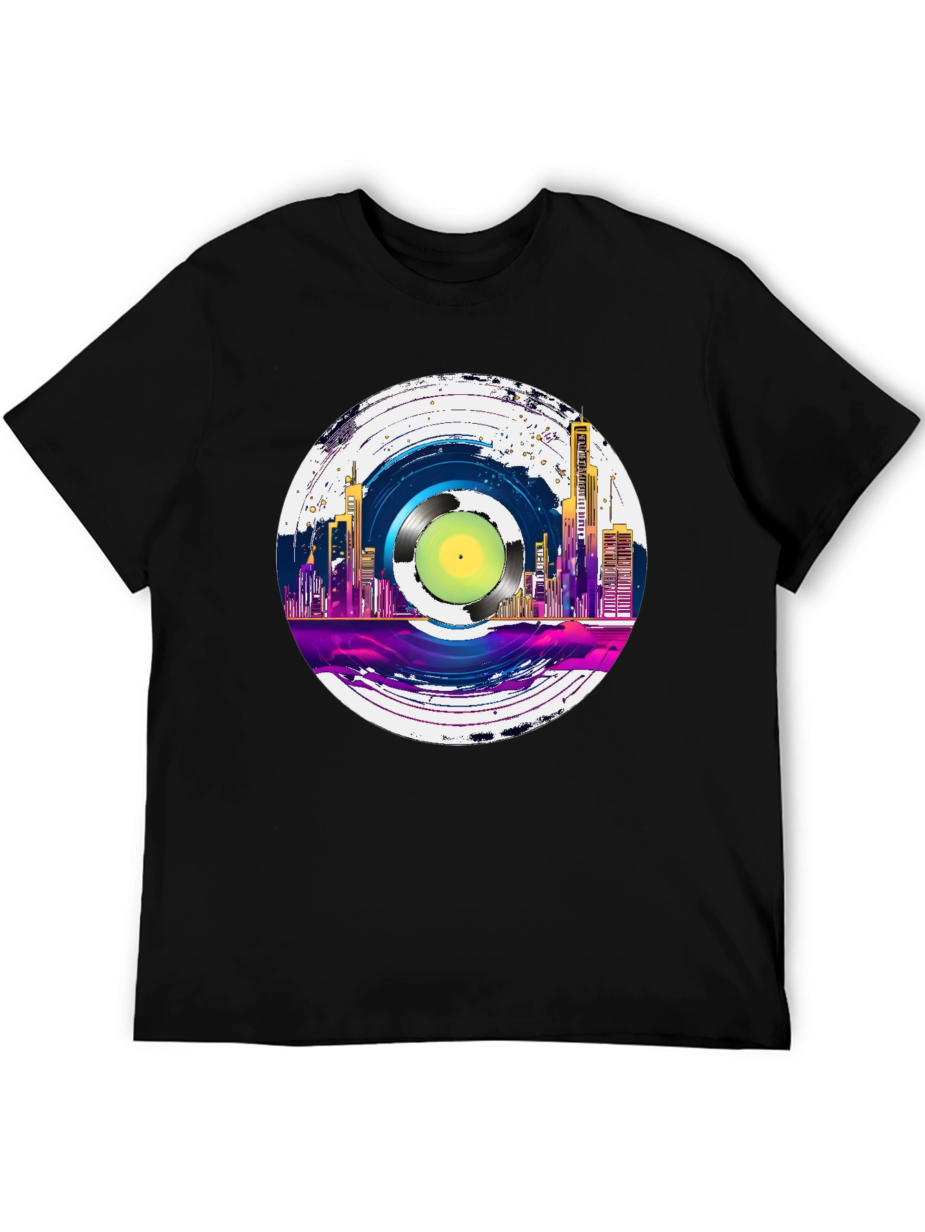 Retro Vinyl Record Cityscape Graphic Tee
