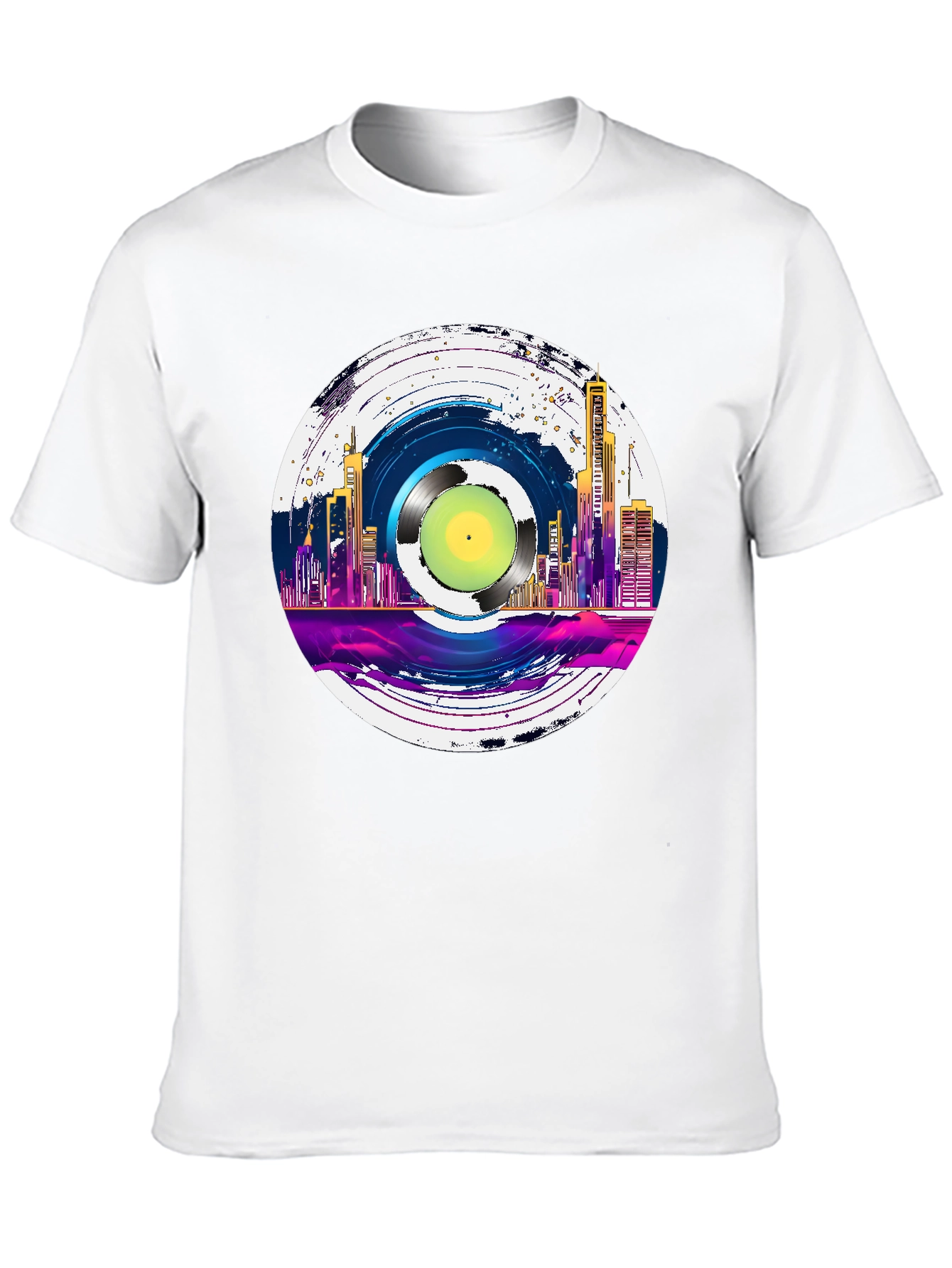 Retro Vinyl Record Cityscape Graphic Tee