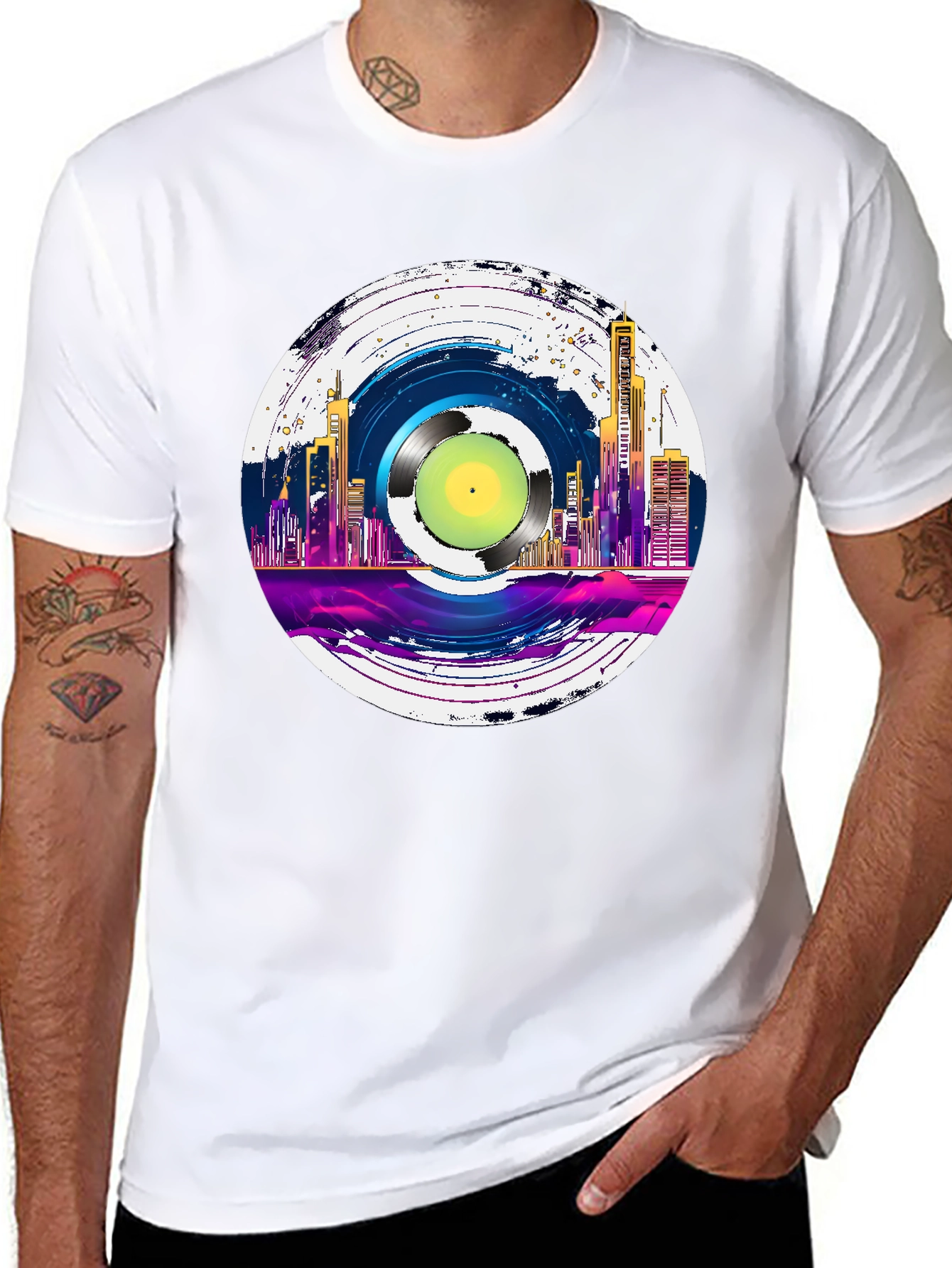 Retro Vinyl Record Cityscape Graphic Tee