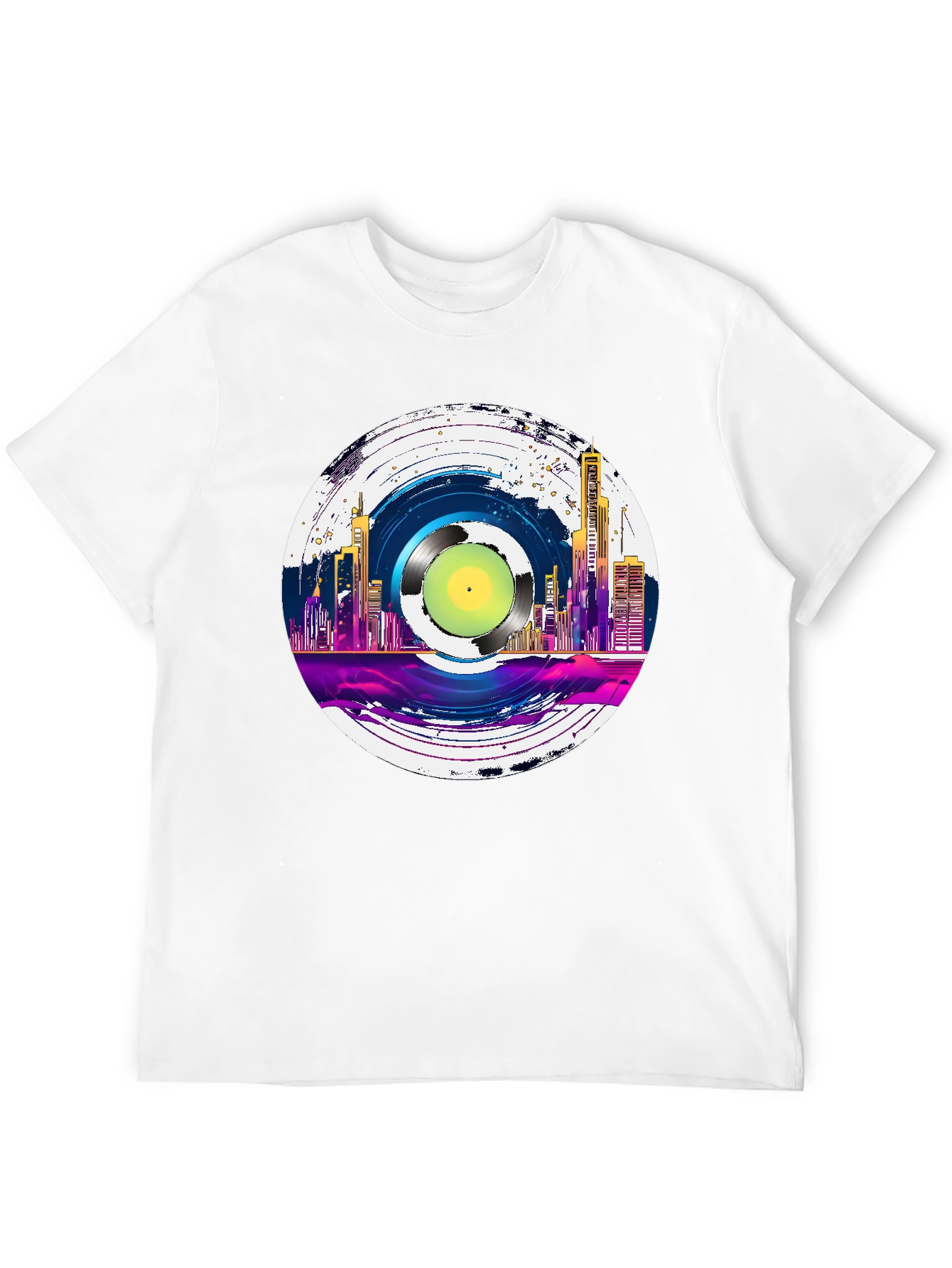 Retro Vinyl Record Cityscape Graphic Tee