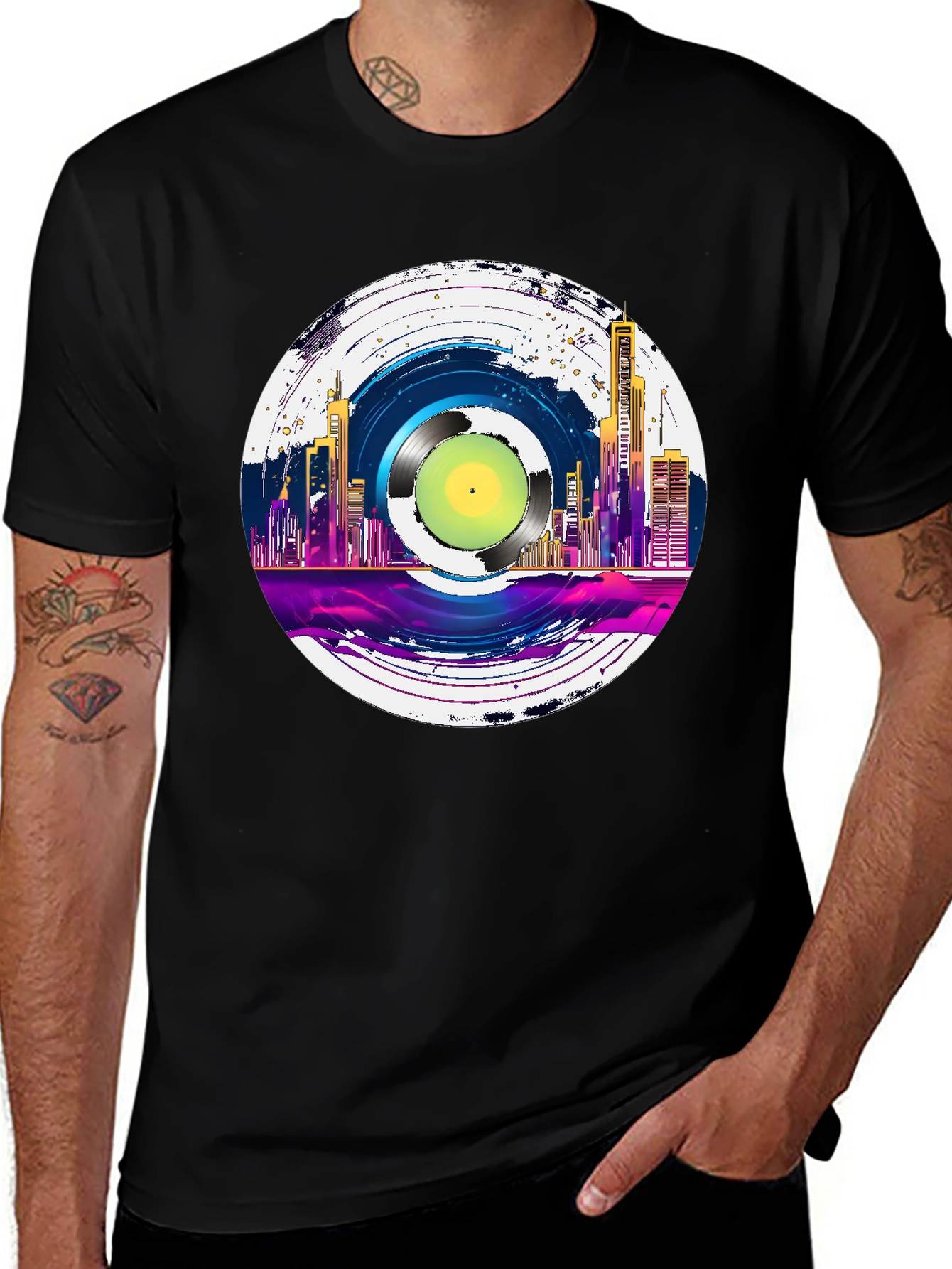 Retro Vinyl Record Cityscape Graphic Tee