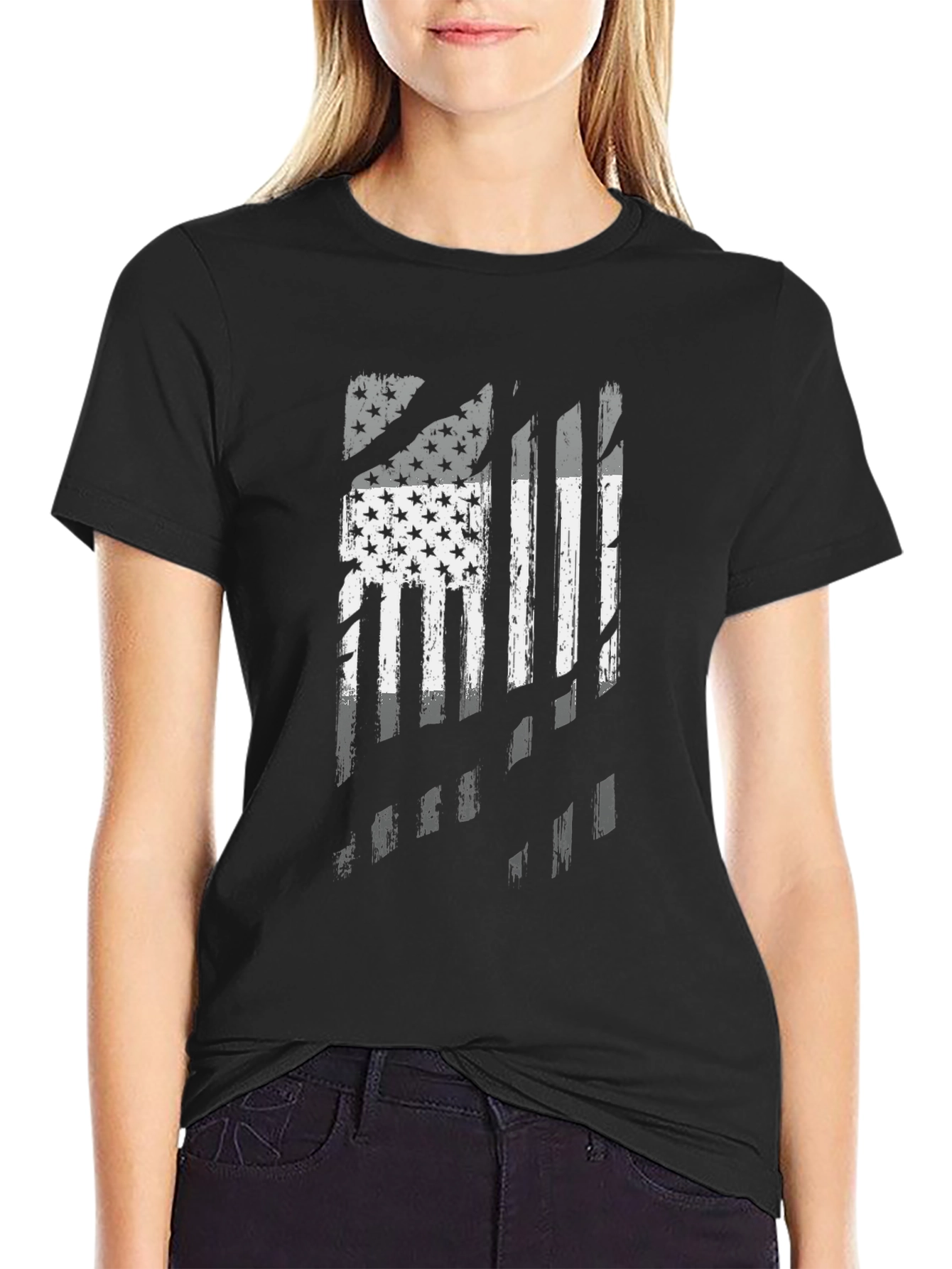 Distressed American Flag Graphic Black T-Shirt