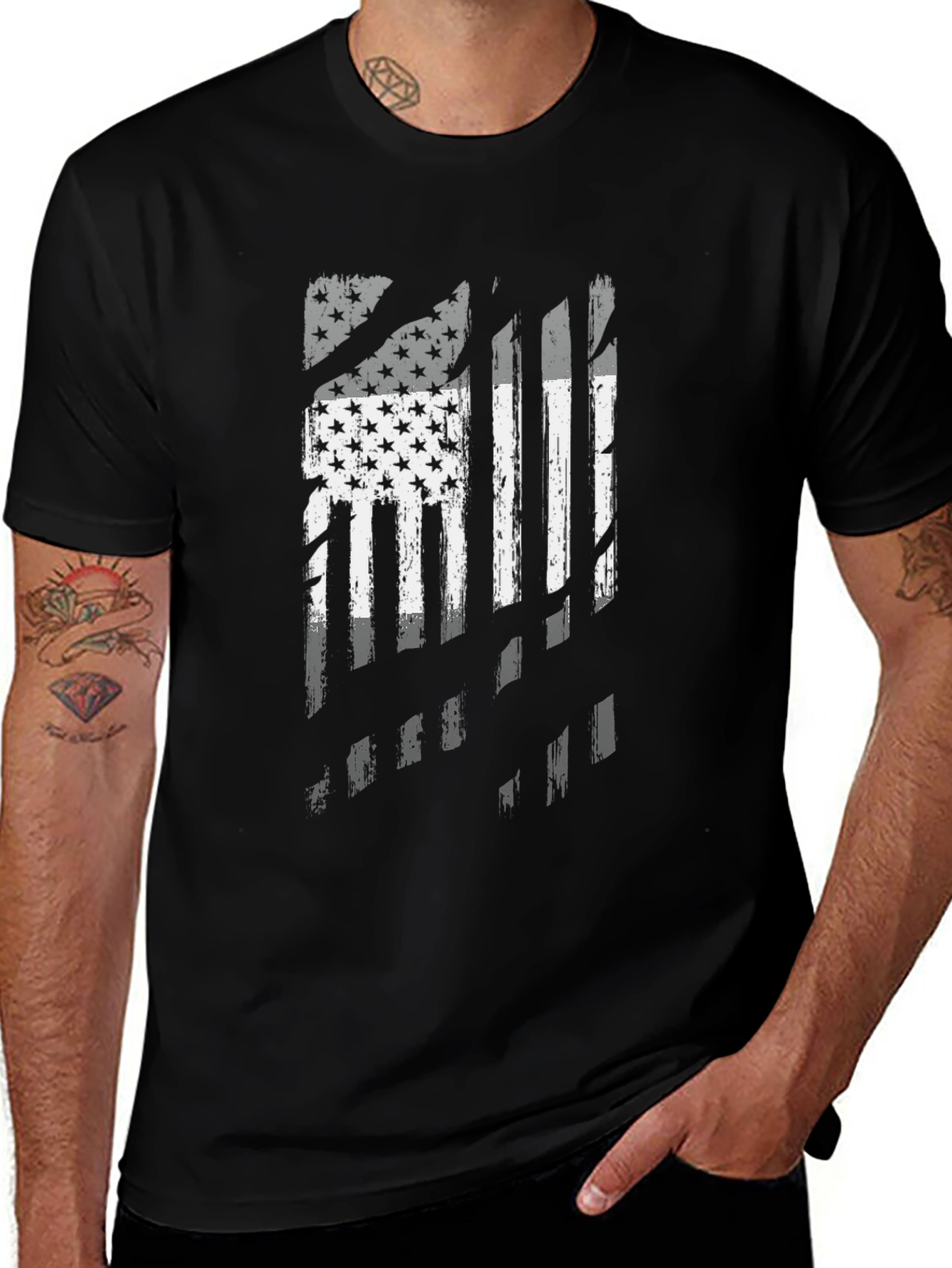 Distressed American Flag Graphic Black T-Shirt