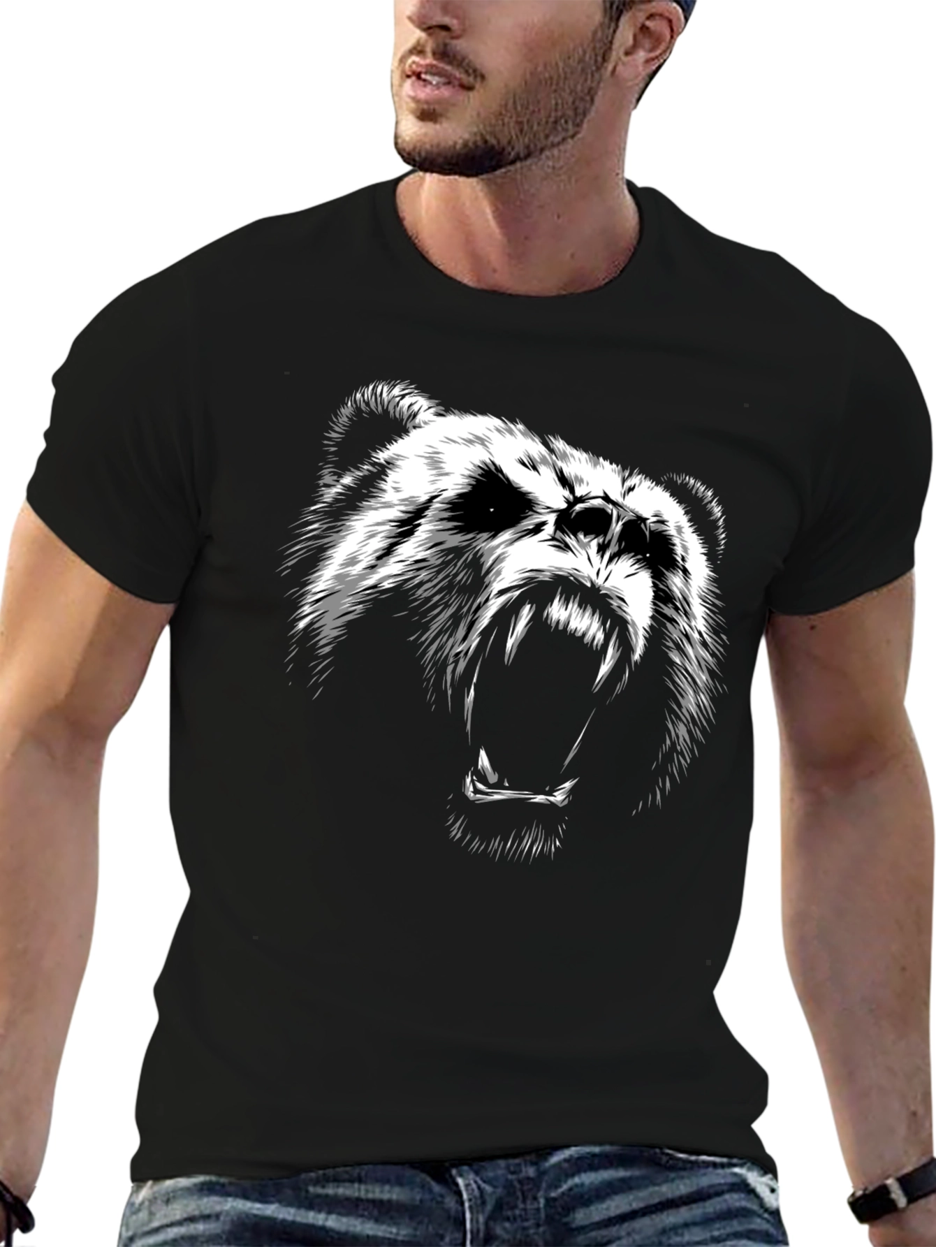 Mens Black T-Shirt with Bear Graphic