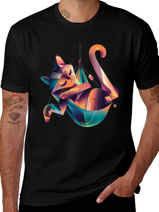 Geometric Cat Hammock Graphic Tee - Unique Design
