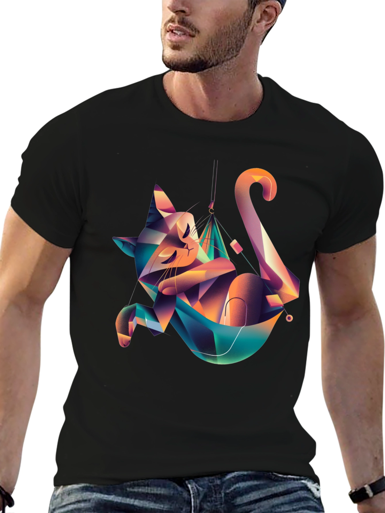 Geometric Cat Hammock Graphic Tee - Unique Design