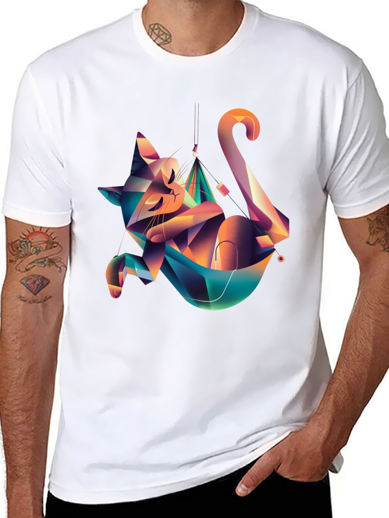 Geometric Cat Hammock Graphic Tee - Unique Design