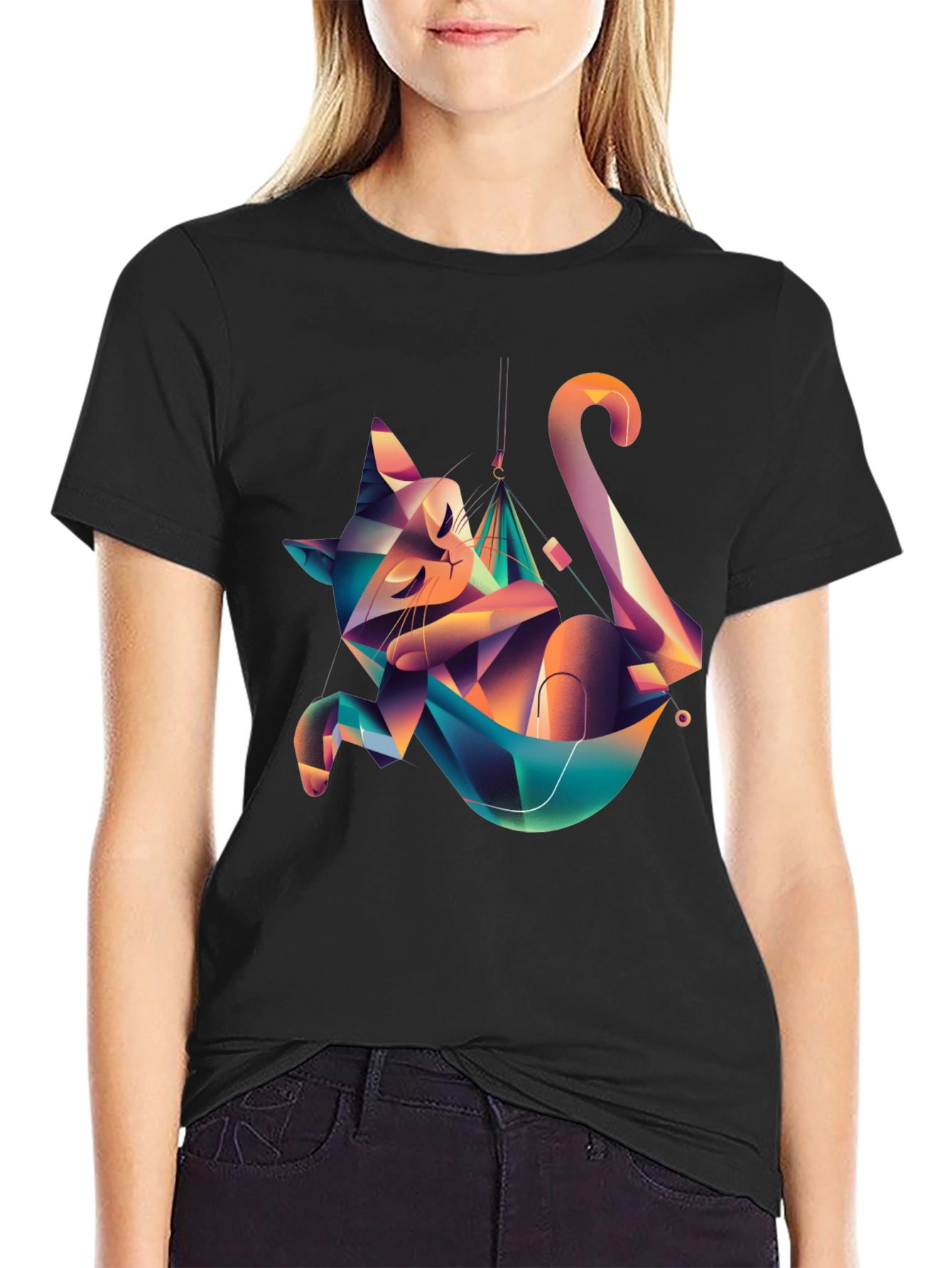 Geometric Cat Hammock Graphic Tee - Unique Design