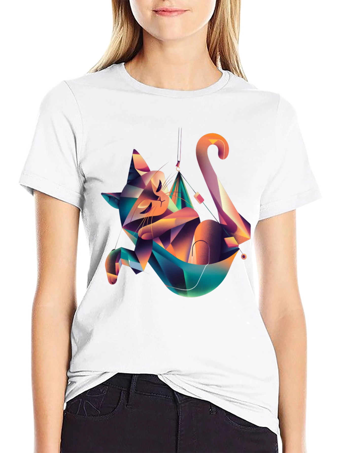 Geometric Cat Hammock Graphic Tee - Unique Design