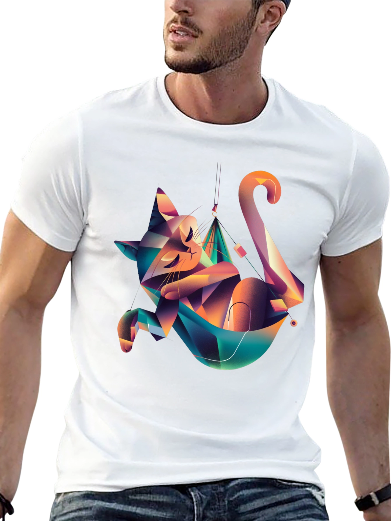 Geometric Cat Hammock Graphic Tee - Unique Design