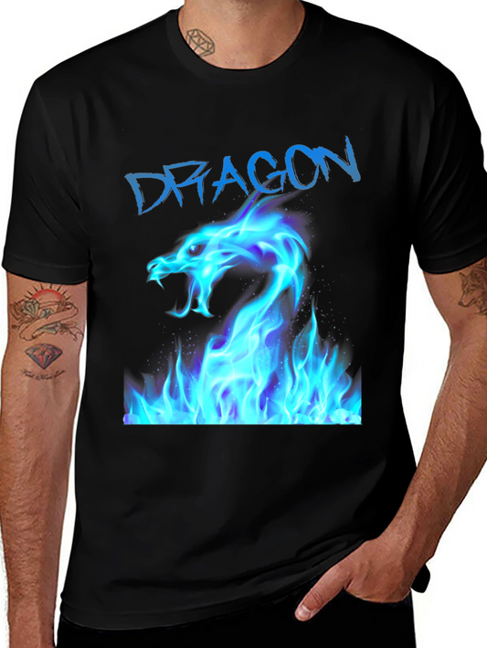 Black T-Shirt with Blue Dragon Fire Design