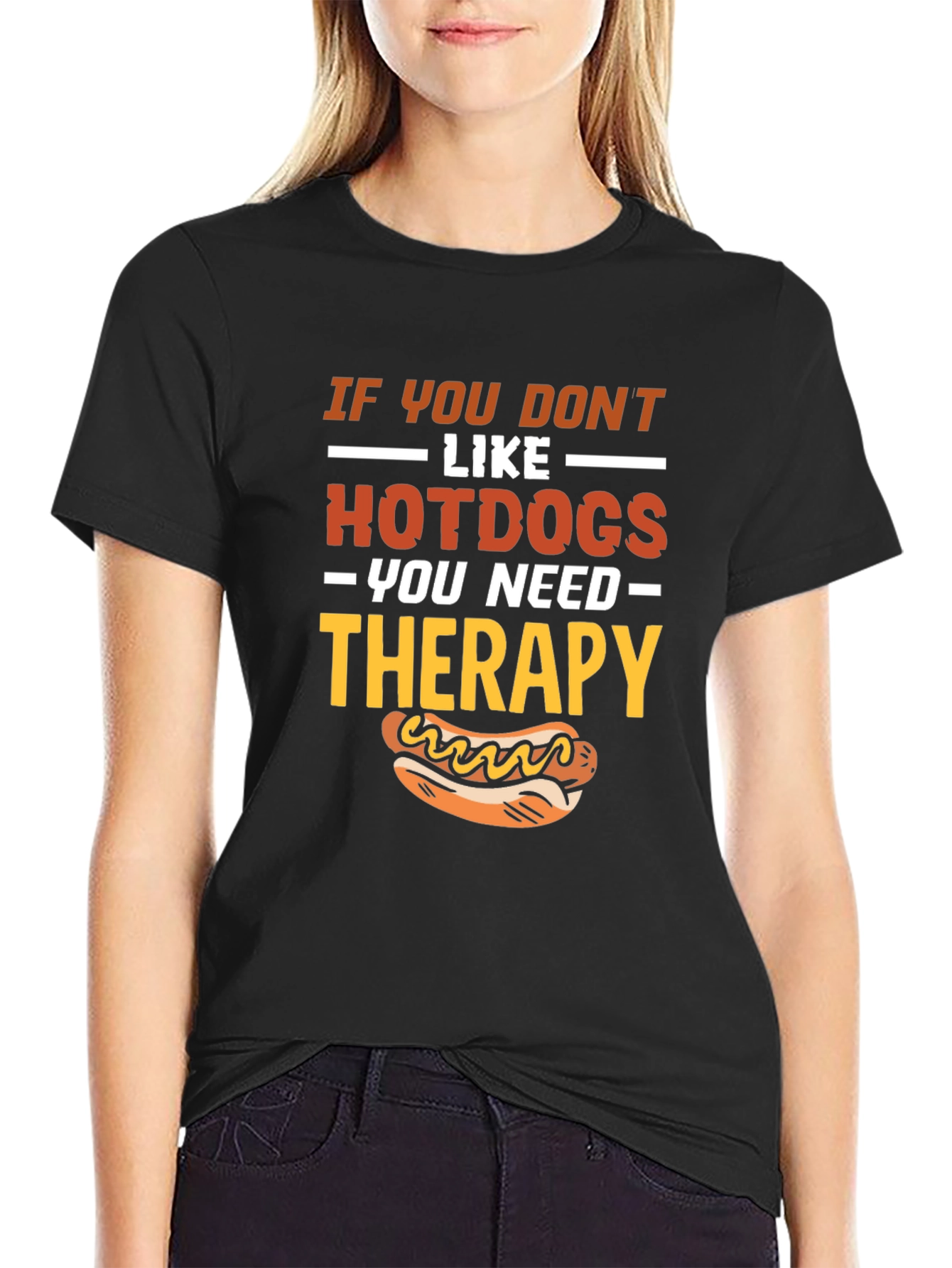 Funny Hotdog Therapy Black T-Shirt