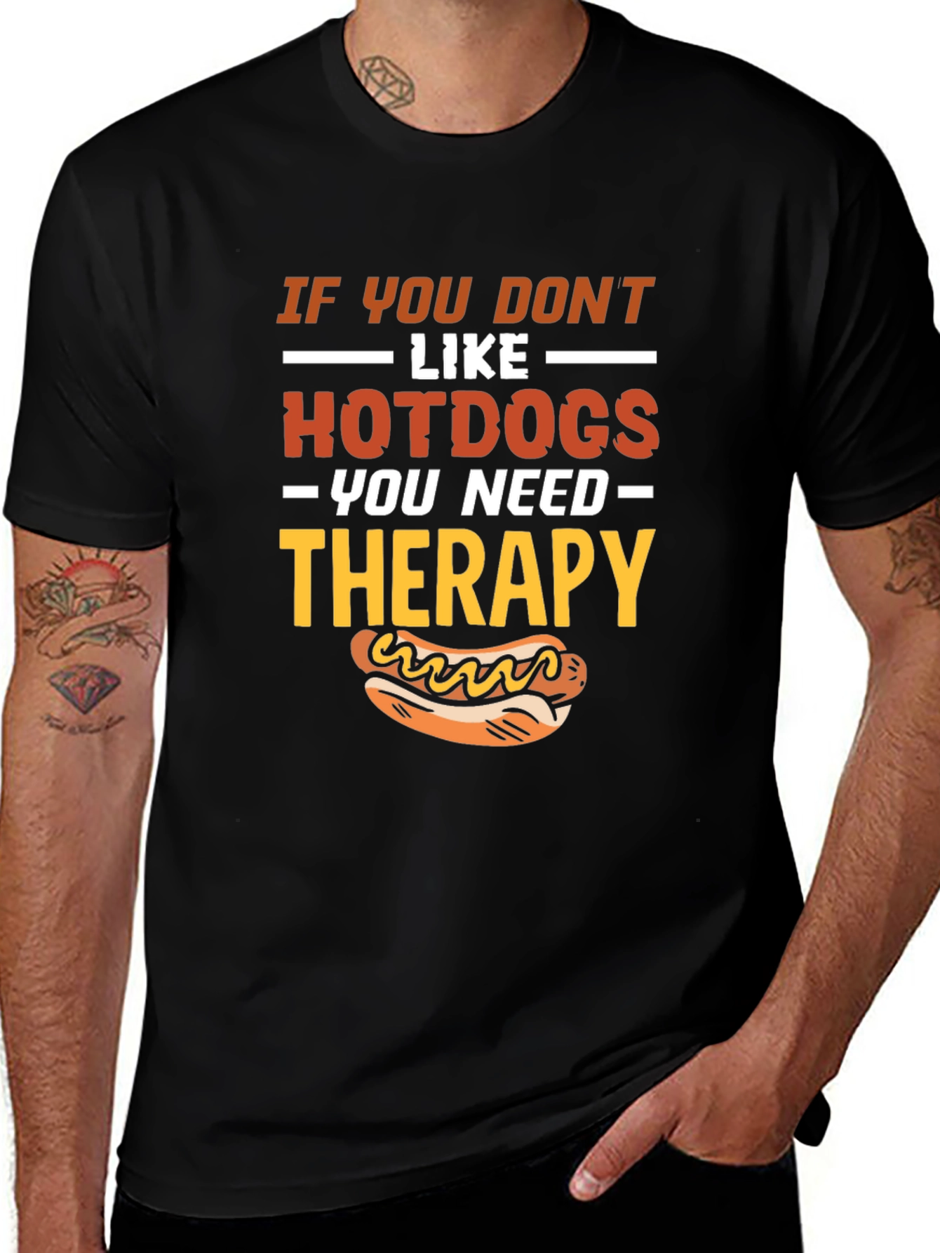 Funny Hotdog Therapy Black T-Shirt